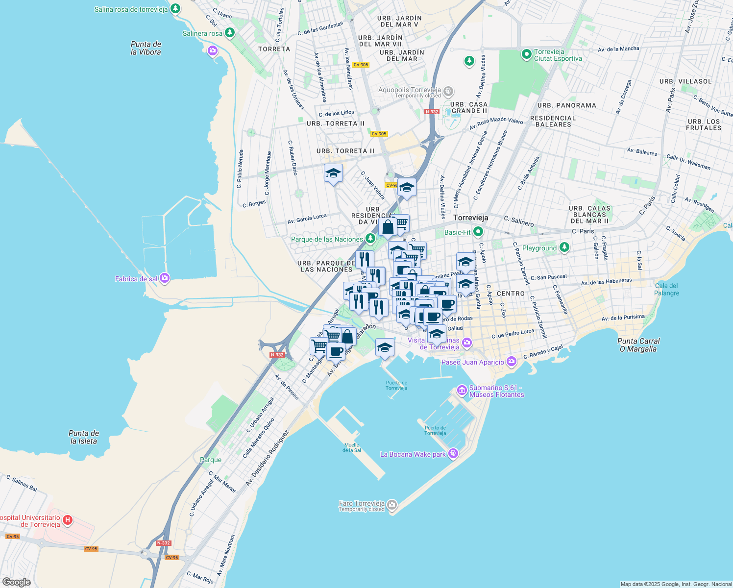 map of restaurants, bars, coffee shops, grocery stores, and more near 4 Calle San Luis in Torrevieja