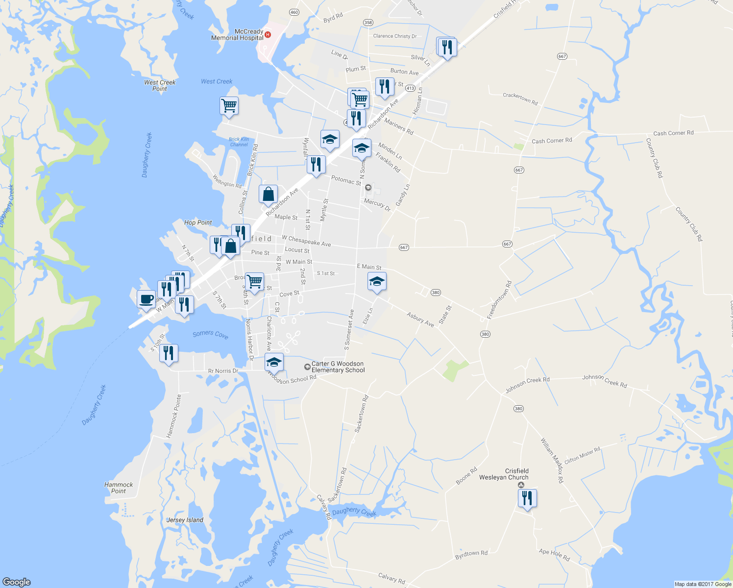 map of restaurants, bars, coffee shops, grocery stores, and more near 5 Asbury Avenue in Crisfield