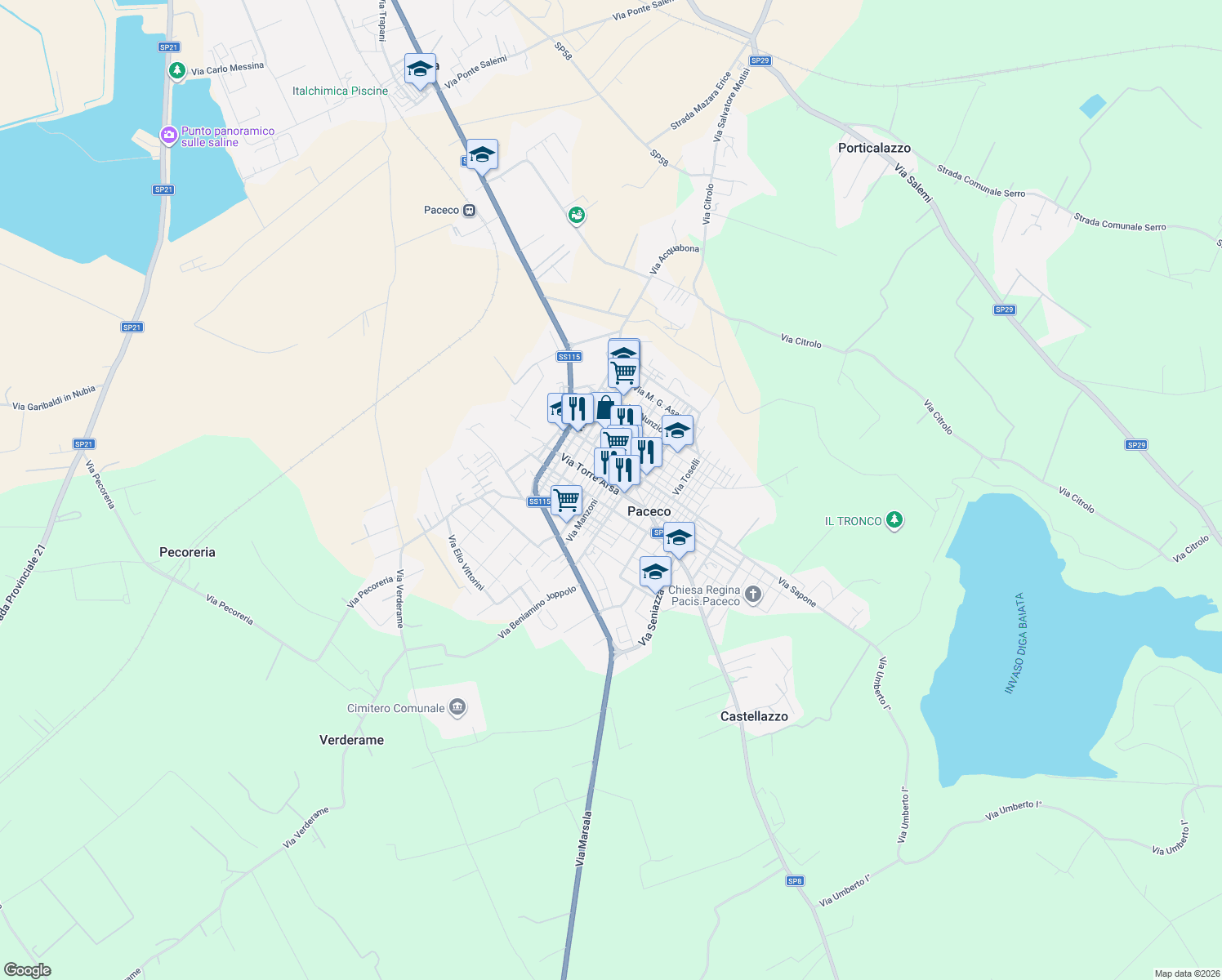 map of restaurants, bars, coffee shops, grocery stores, and more near 31 Via Giacomo Leopardi in Paceco