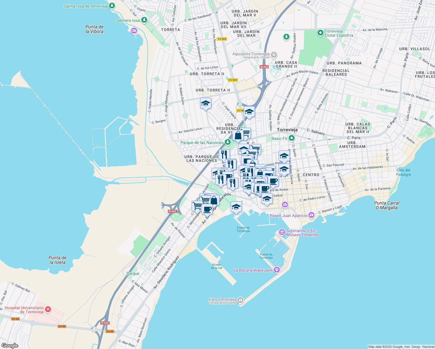 map of restaurants, bars, coffee shops, grocery stores, and more near 4 Calle San Luis in Torrevieja