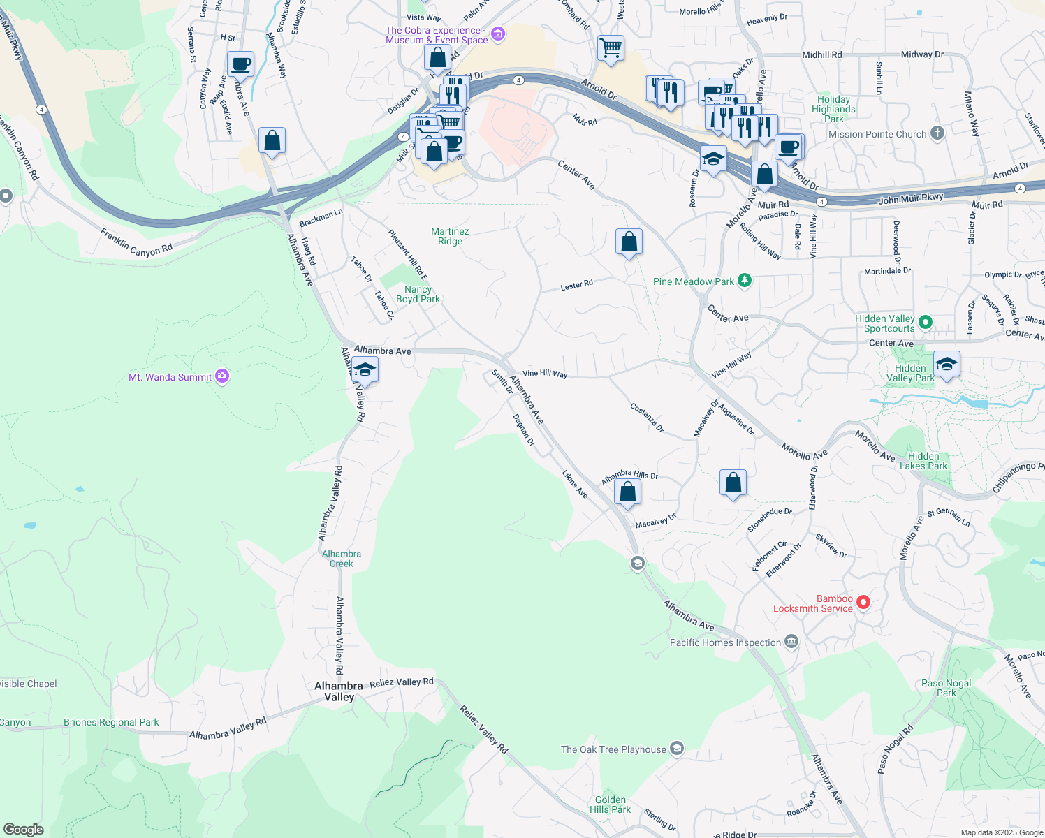 map of restaurants, bars, coffee shops, grocery stores, and more near 5341 Degnan Drive in Martinez