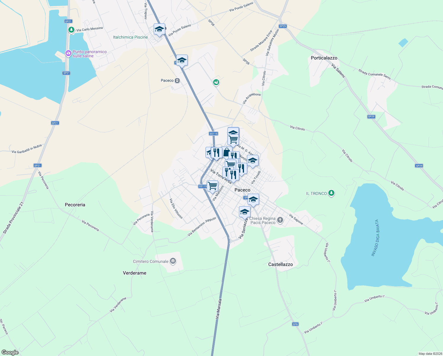 map of restaurants, bars, coffee shops, grocery stores, and more near 28-31 Via Giacomo Leopardi in Paceco