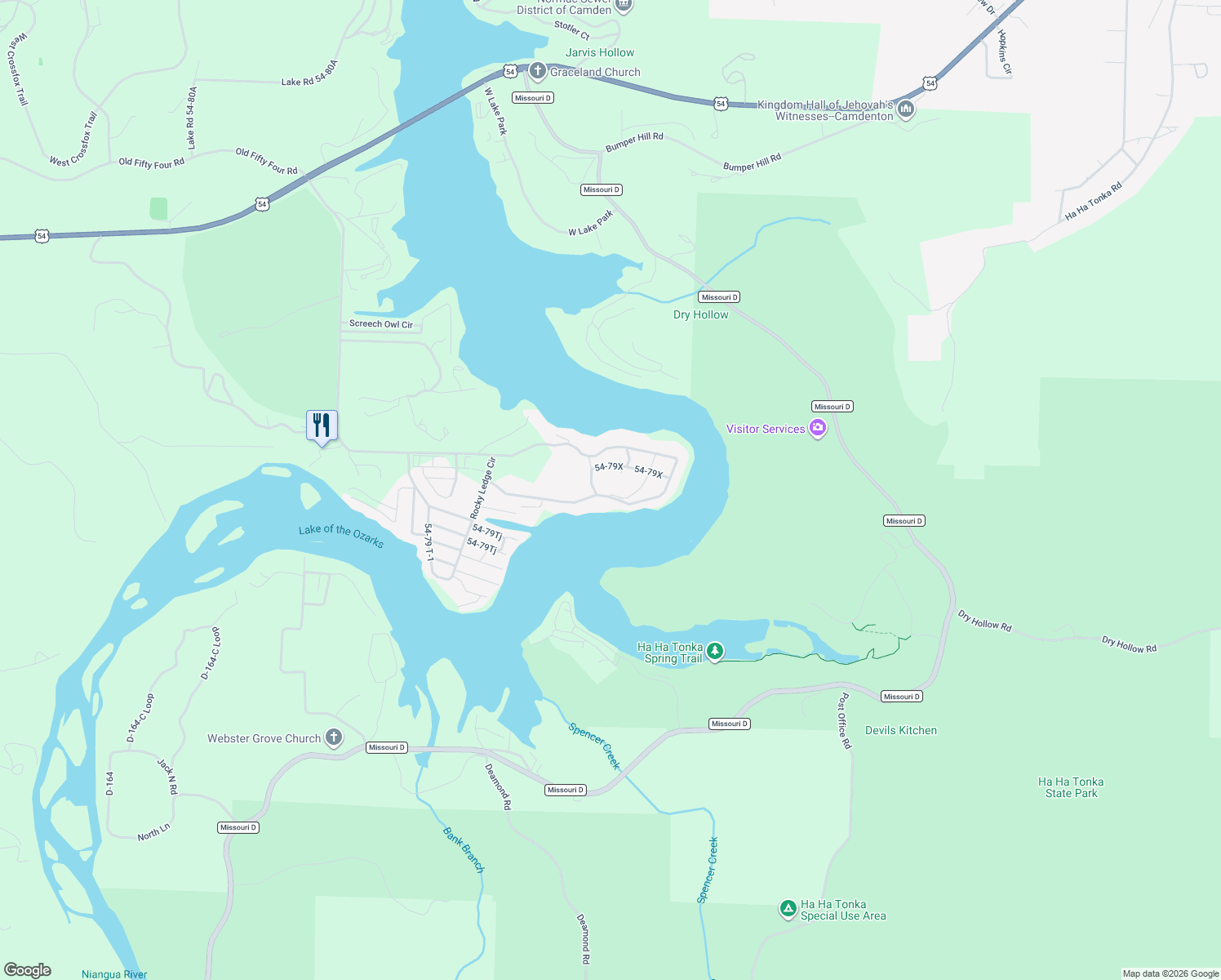 map of restaurants, bars, coffee shops, grocery stores, and more near 1 Lynette Lane in Camdenton