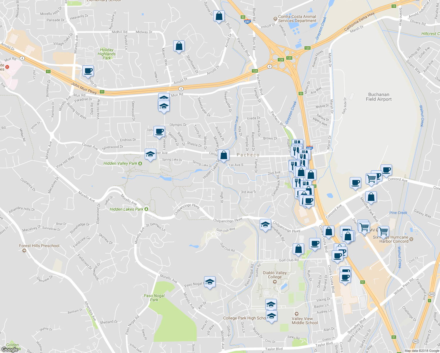 map of restaurants, bars, coffee shops, grocery stores, and more near 134 High Street in Pacheco