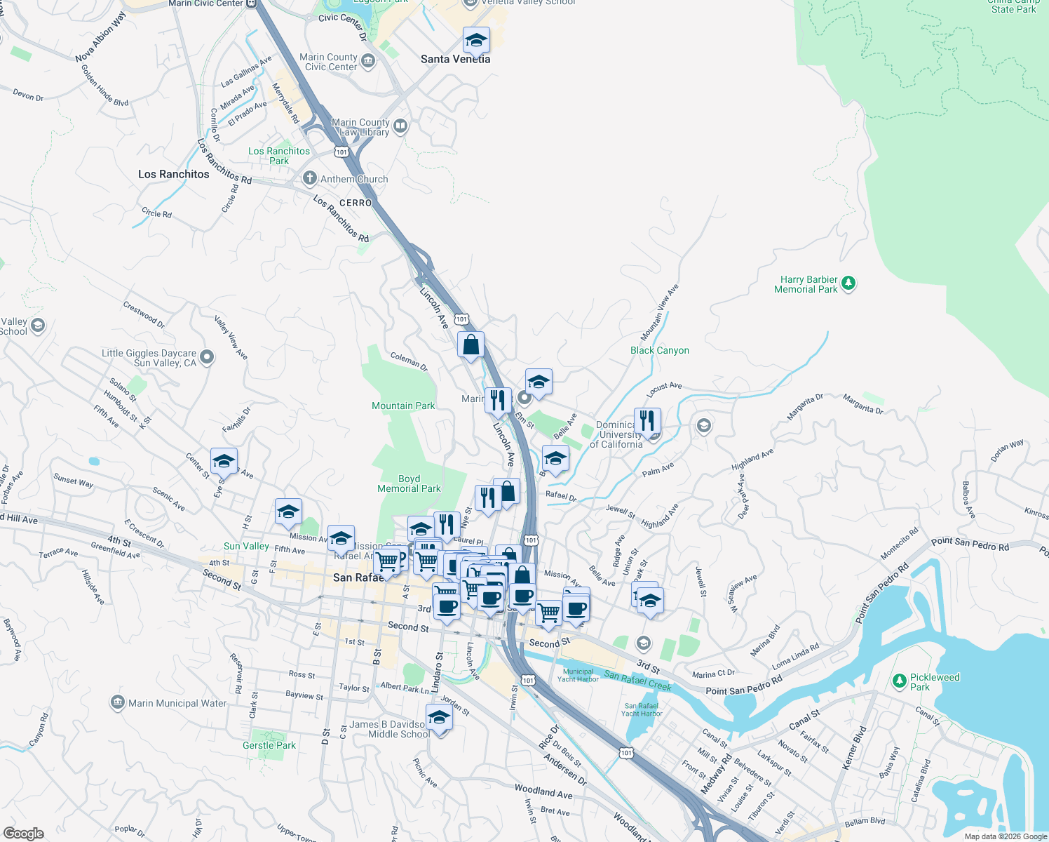 map of restaurants, bars, coffee shops, grocery stores, and more near Elm Street in San Rafael