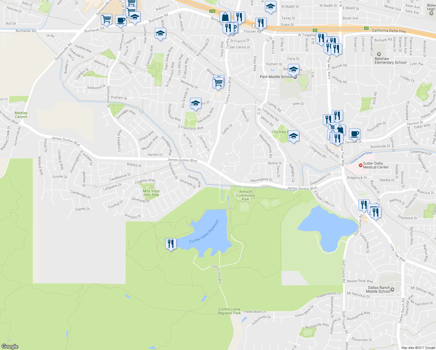 map of restaurants, bars, coffee shops, grocery stores, and more near 18 James Donlon Boulevard in Antioch