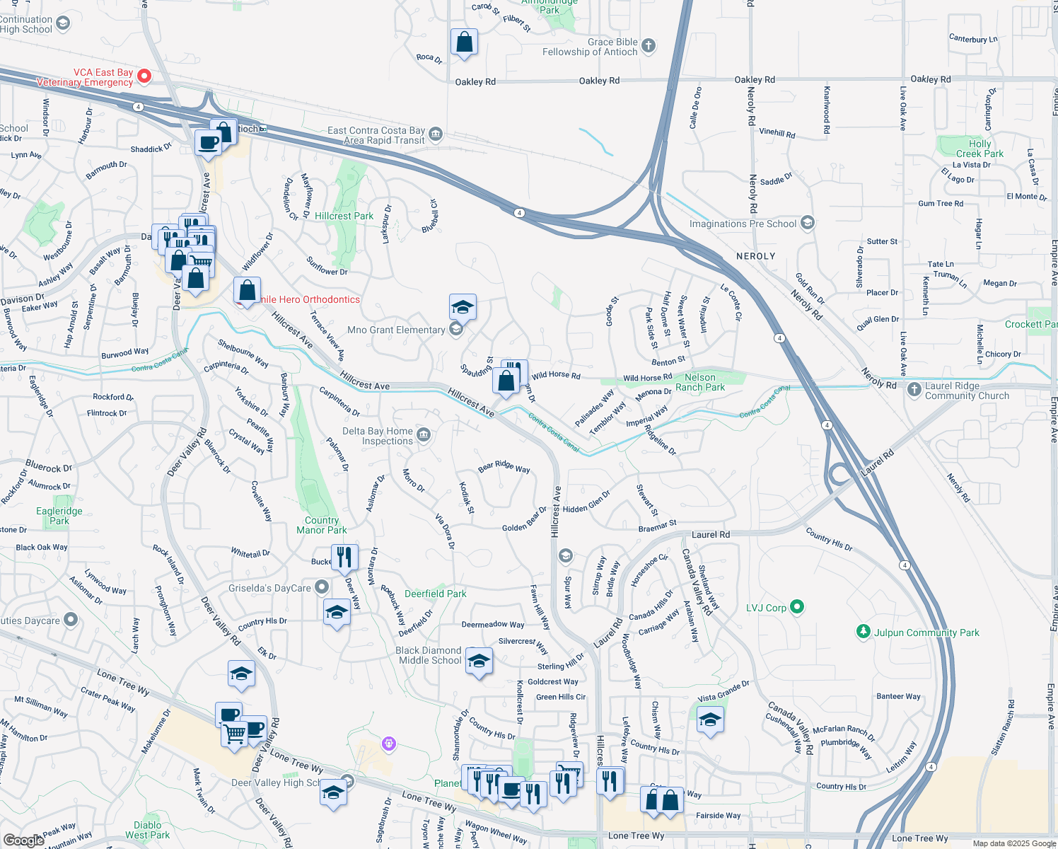map of restaurants, bars, coffee shops, grocery stores, and more near 4315 Hillcrest Ave in Antioch