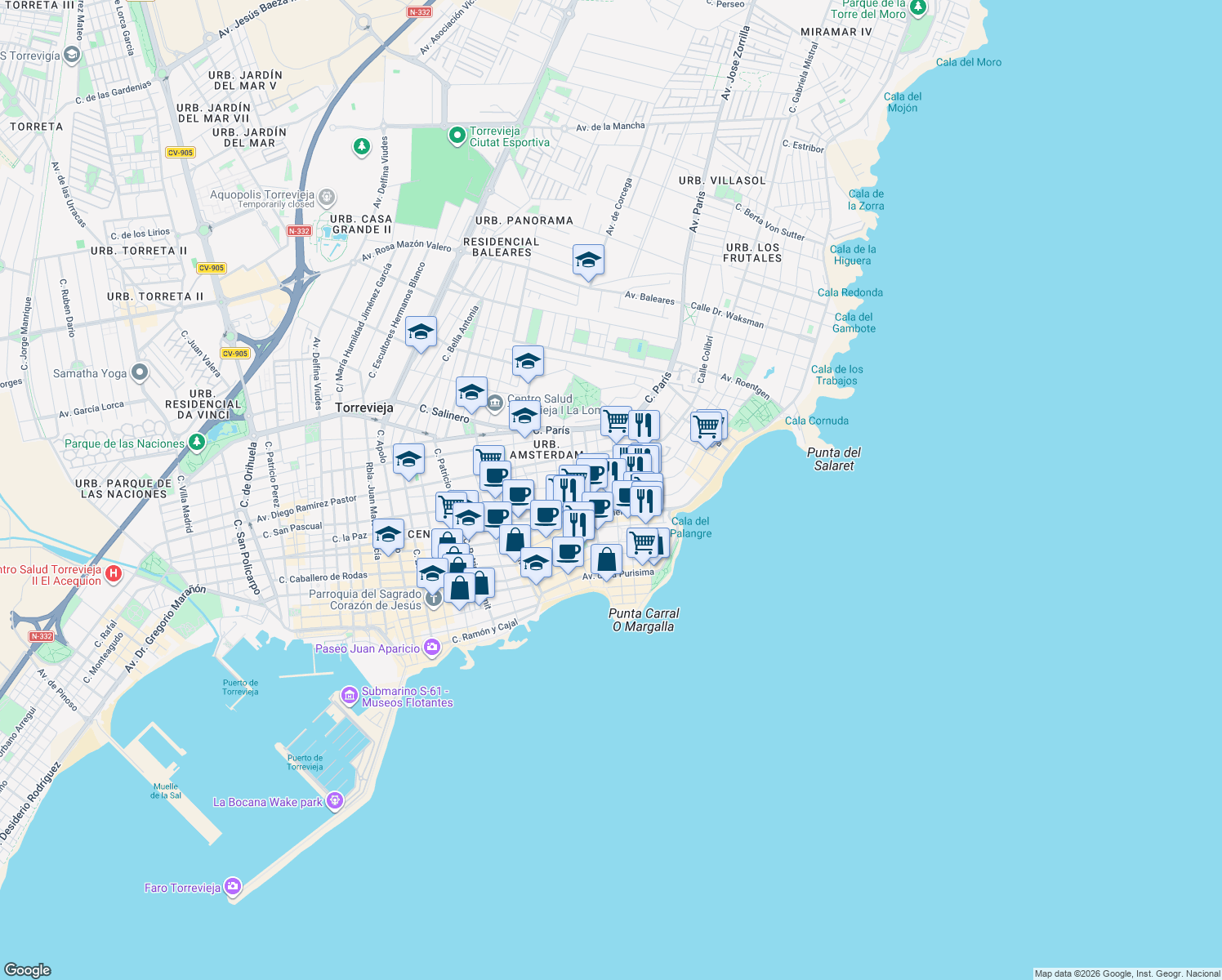 map of restaurants, bars, coffee shops, grocery stores, and more near 37 Calle Bergantin in Torrevieja