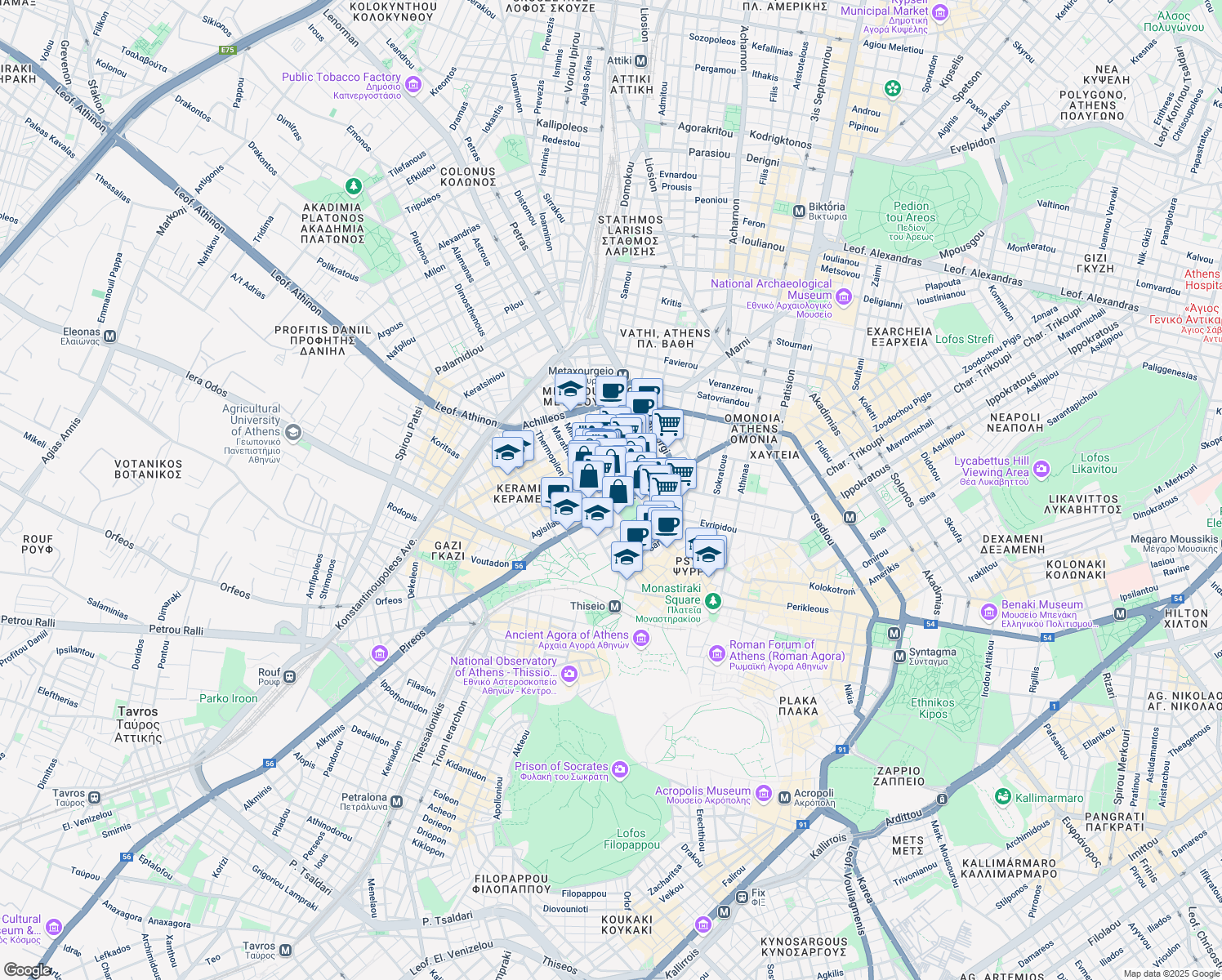 map of restaurants, bars, coffee shops, grocery stores, and more near 48 Agisilaou in Athens