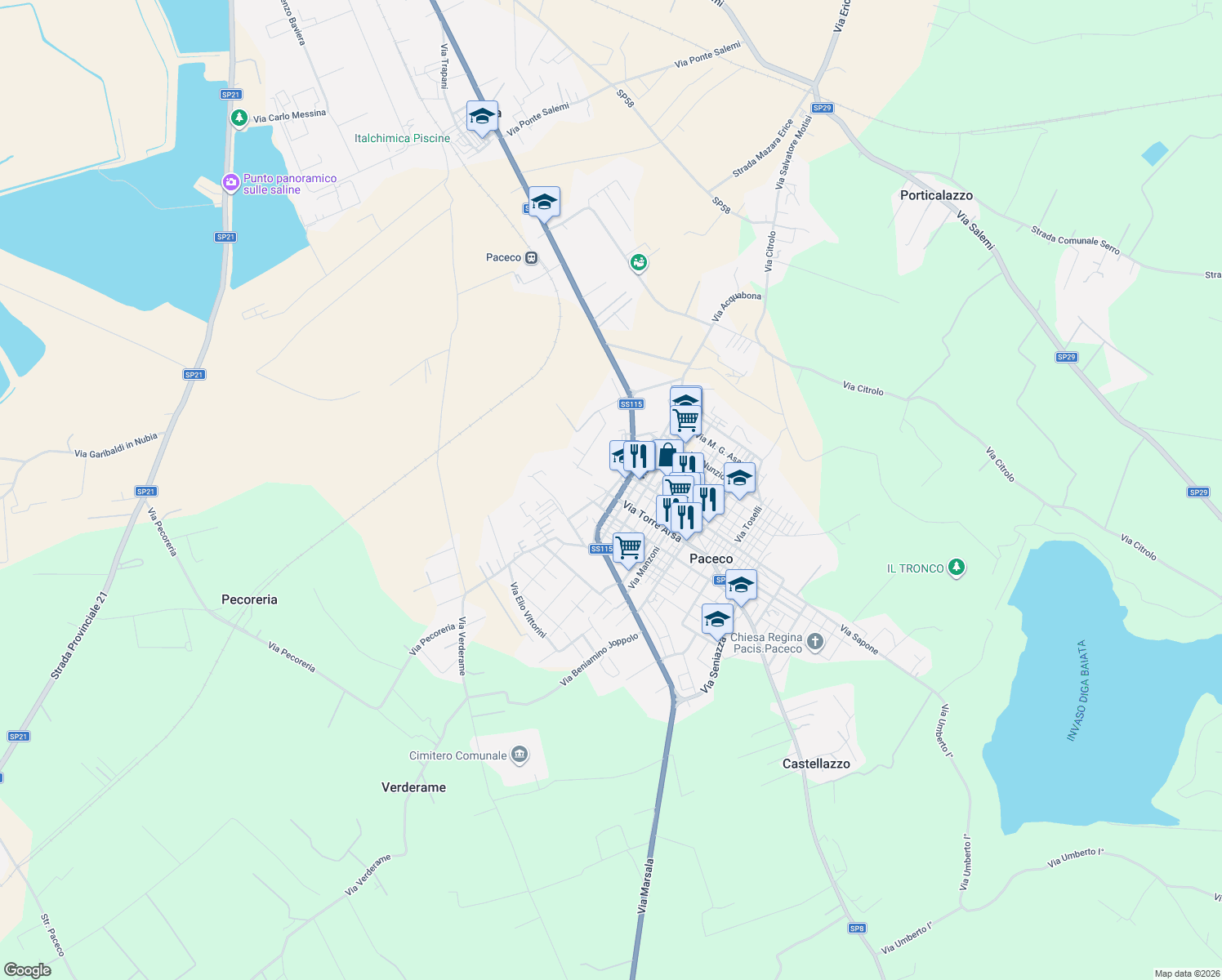 map of restaurants, bars, coffee shops, grocery stores, and more near 16 Via Giosuè Carducci in Paceco