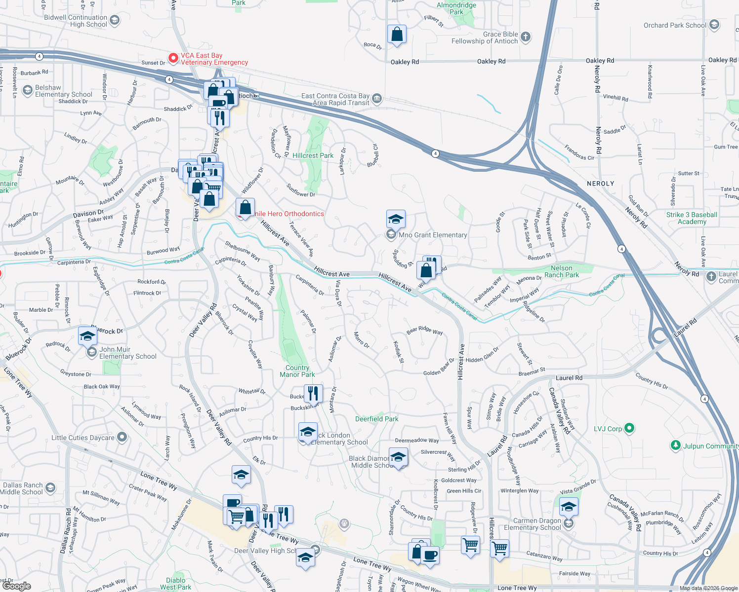 map of restaurants, bars, coffee shops, grocery stores, and more near 2926 Winding Lane in Antioch