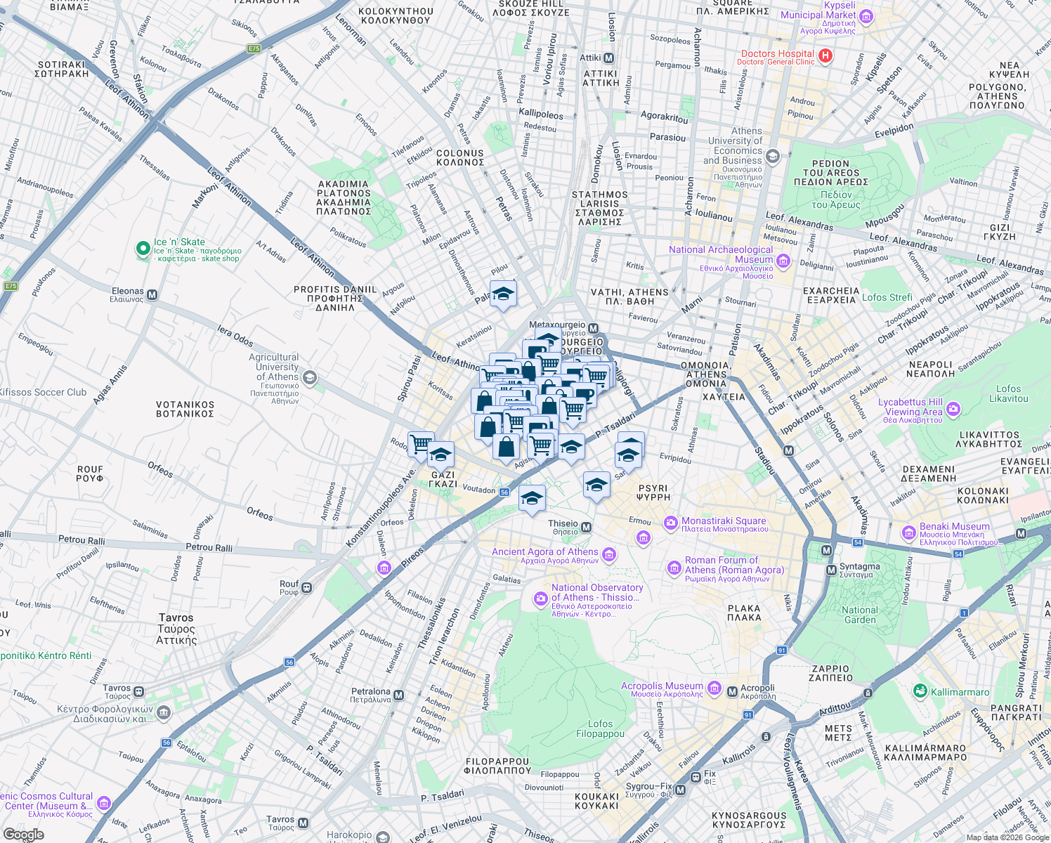 map of restaurants, bars, coffee shops, grocery stores, and more near in Athens