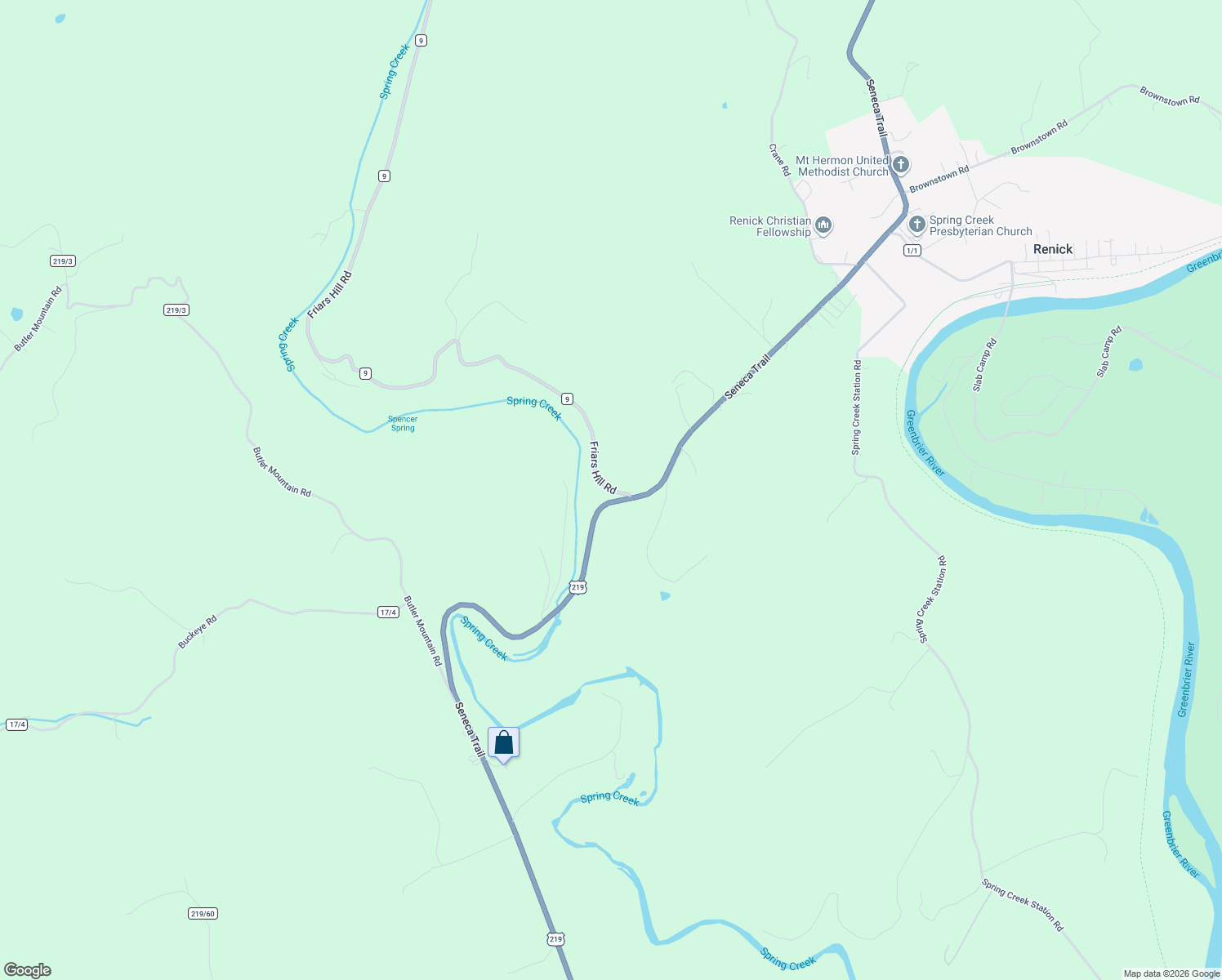 map of restaurants, bars, coffee shops, grocery stores, and more near Seneca Trail in Greenbrier County