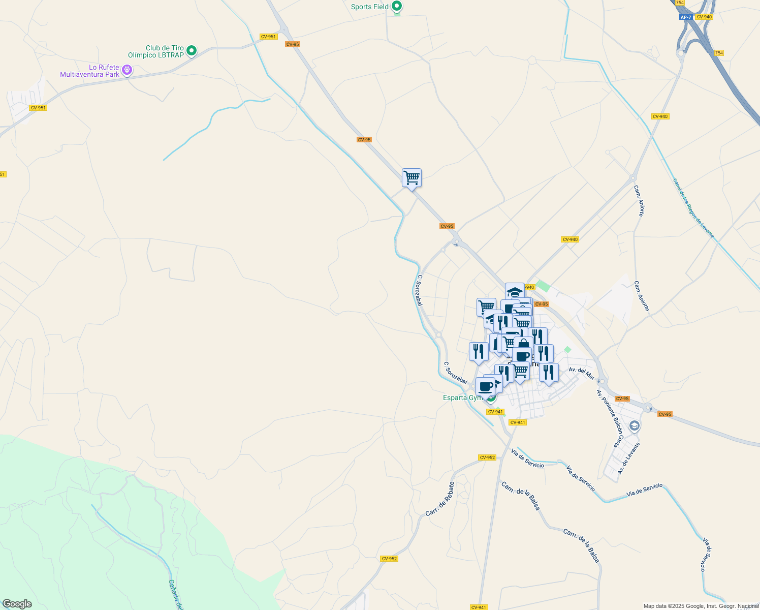 map of restaurants, bars, coffee shops, grocery stores, and more near in San Miguel de Salinas
