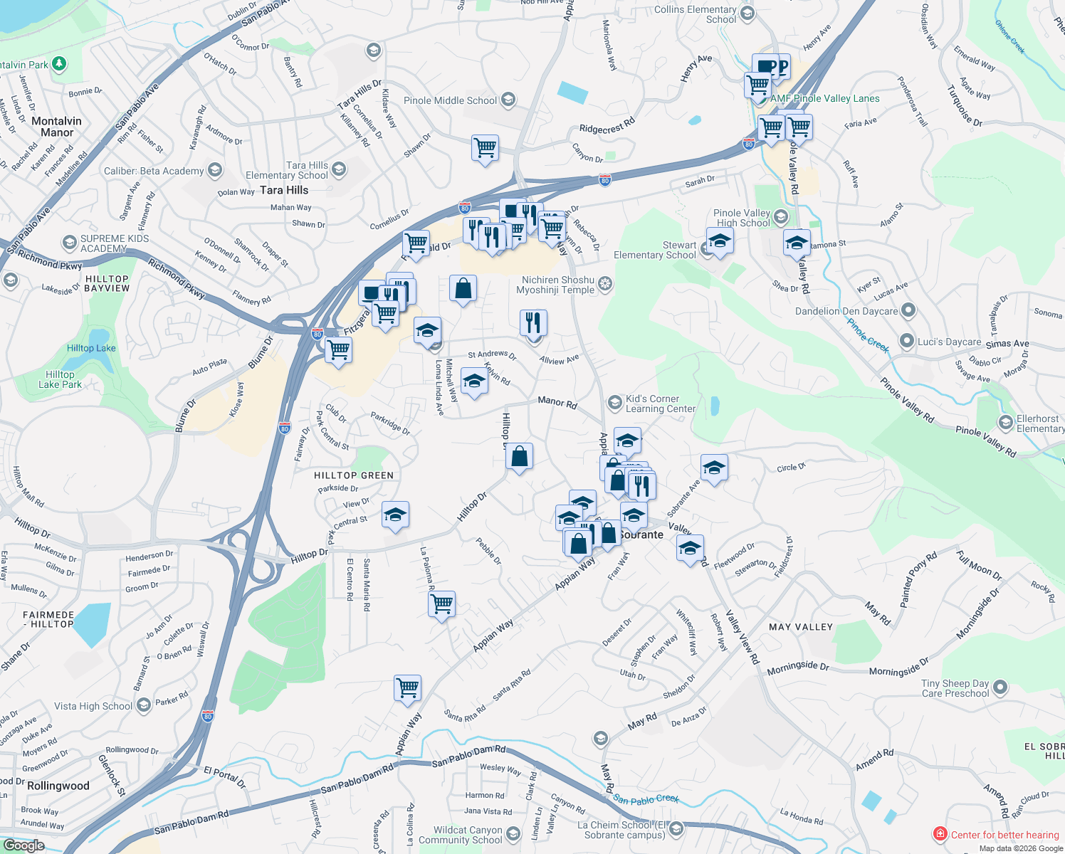 map of restaurants, bars, coffee shops, grocery stores, and more near 760 Kelvin Road in El Sobrante