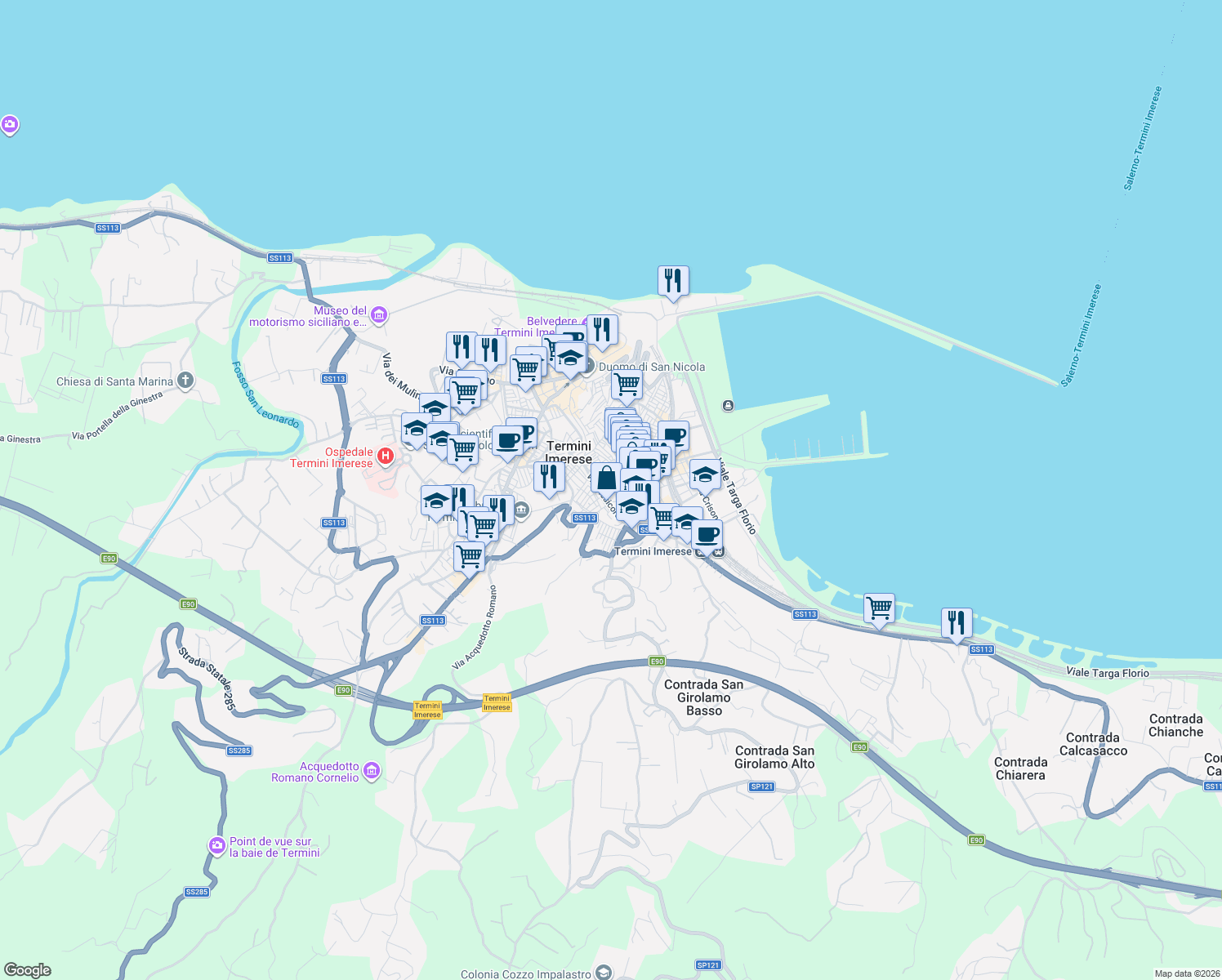 map of restaurants, bars, coffee shops, grocery stores, and more near 29 Via Mamertino in Termini Imerese
