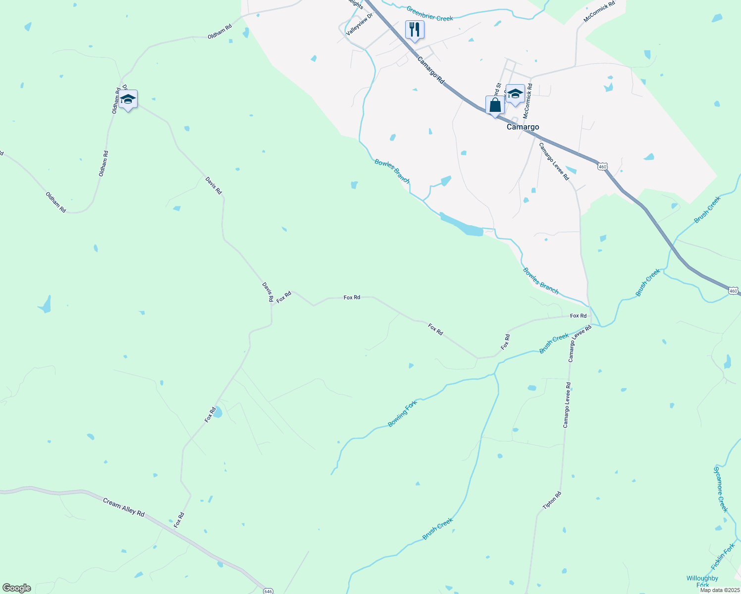 map of restaurants, bars, coffee shops, grocery stores, and more near 2290 Fox Road in Jeffersonville