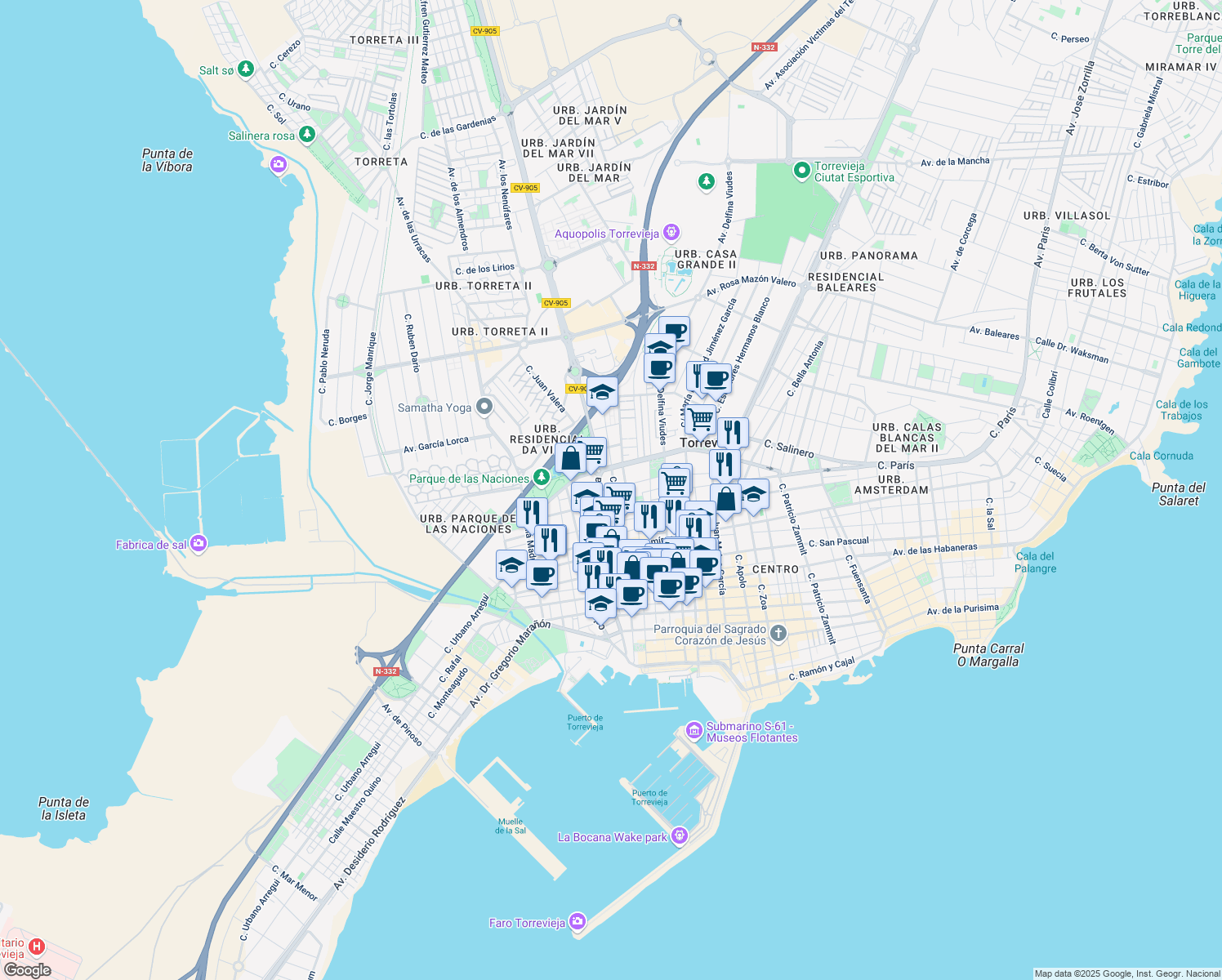 map of restaurants, bars, coffee shops, grocery stores, and more near 8 Calle del Tomillo in Torrevieja