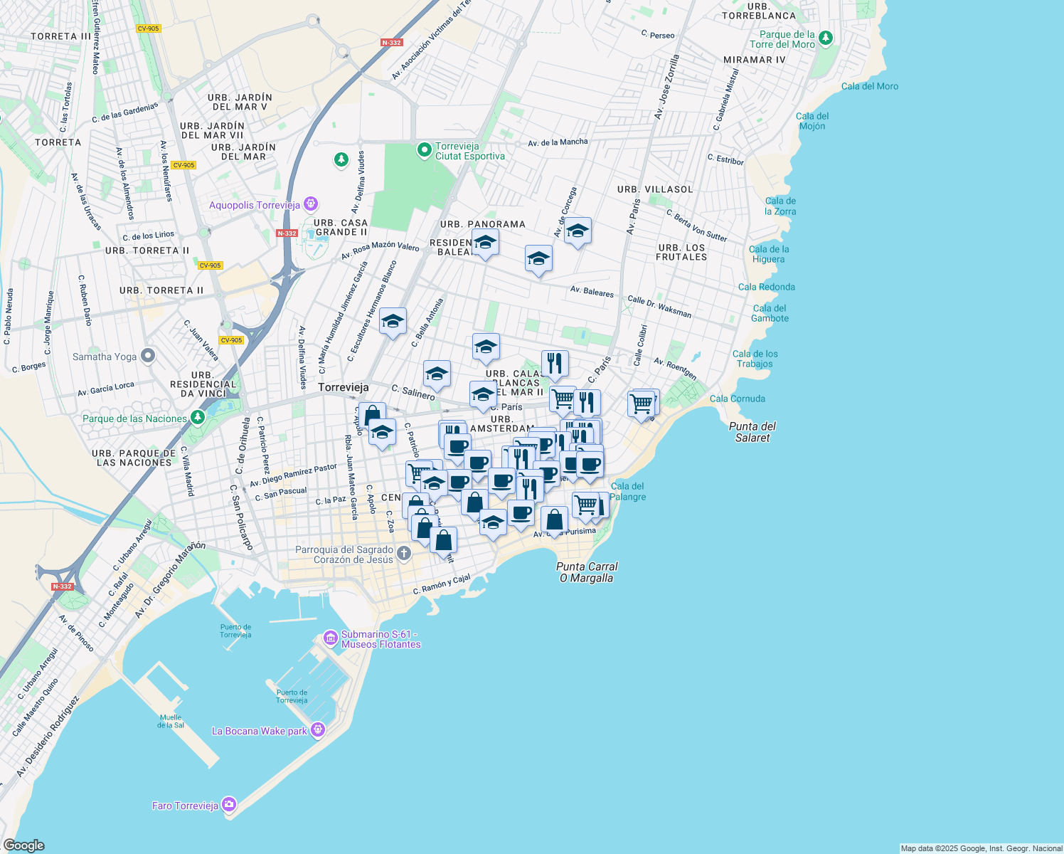 map of restaurants, bars, coffee shops, grocery stores, and more near 261 Avenida Diego Ramírez Pastor in Torrevieja
