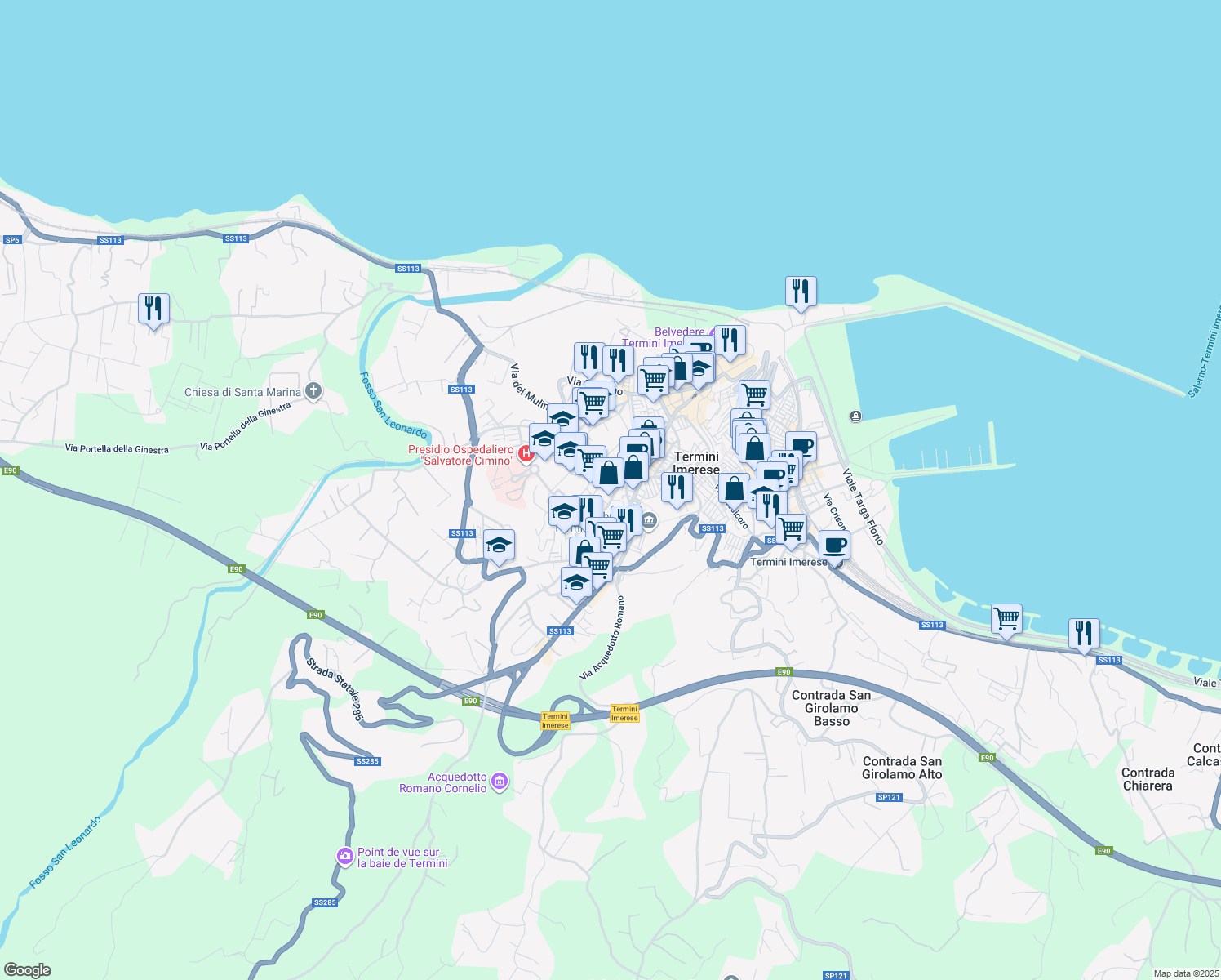 map of restaurants, bars, coffee shops, grocery stores, and more near 29 Via Bevuto in Termini Imerese