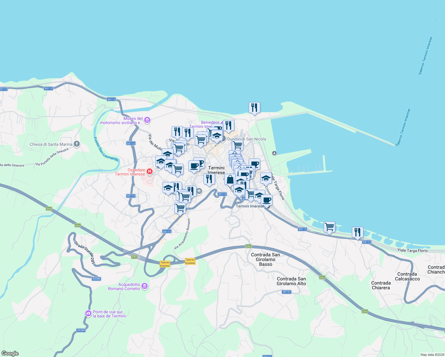 map of restaurants, bars, coffee shops, grocery stores, and more near 4 Via Arena in Termini Imerese