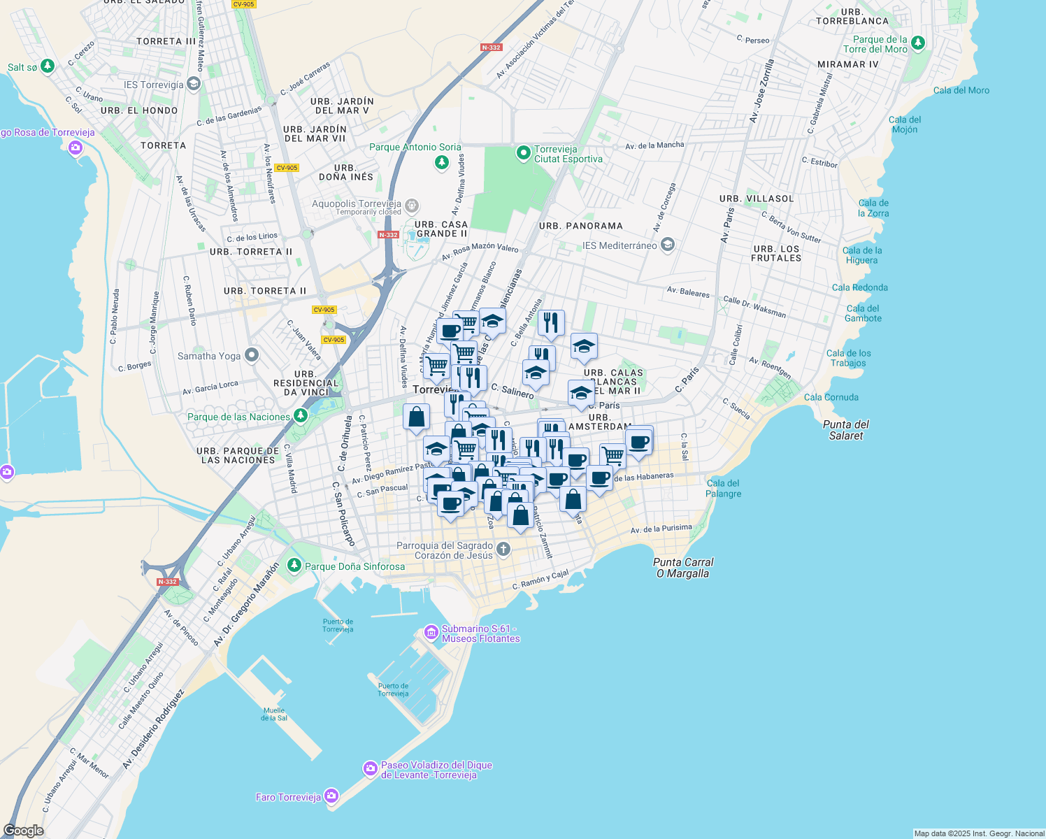 map of restaurants, bars, coffee shops, grocery stores, and more near 23 Calle Maestro Francisco Casanovas in Torrevieja