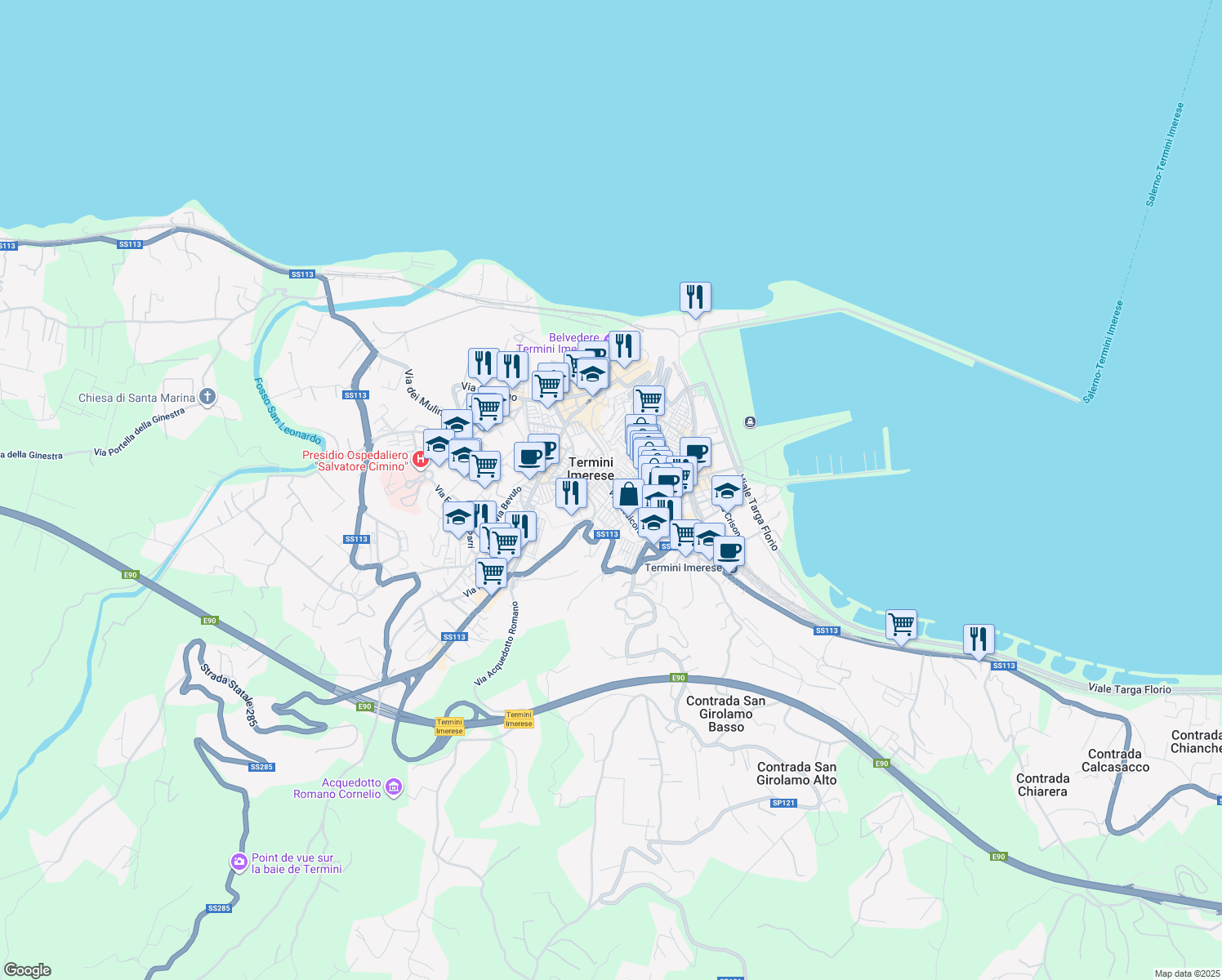 map of restaurants, bars, coffee shops, grocery stores, and more near 123 Via Stesicoro in Termini Imerese