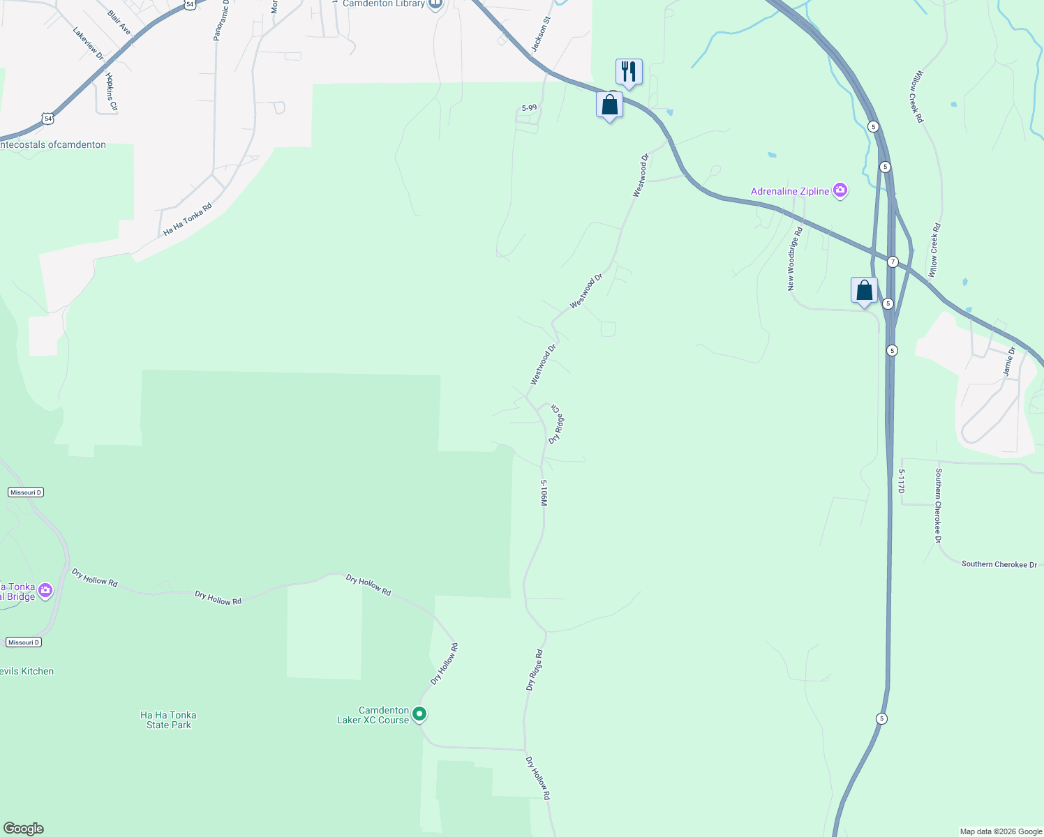 map of restaurants, bars, coffee shops, grocery stores, and more near 5-106M in Camdenton