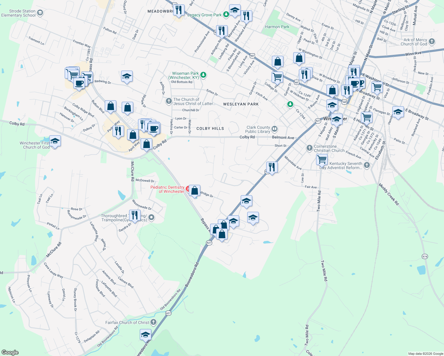 map of restaurants, bars, coffee shops, grocery stores, and more near 7 Bonnie Brook Ln in Winchester