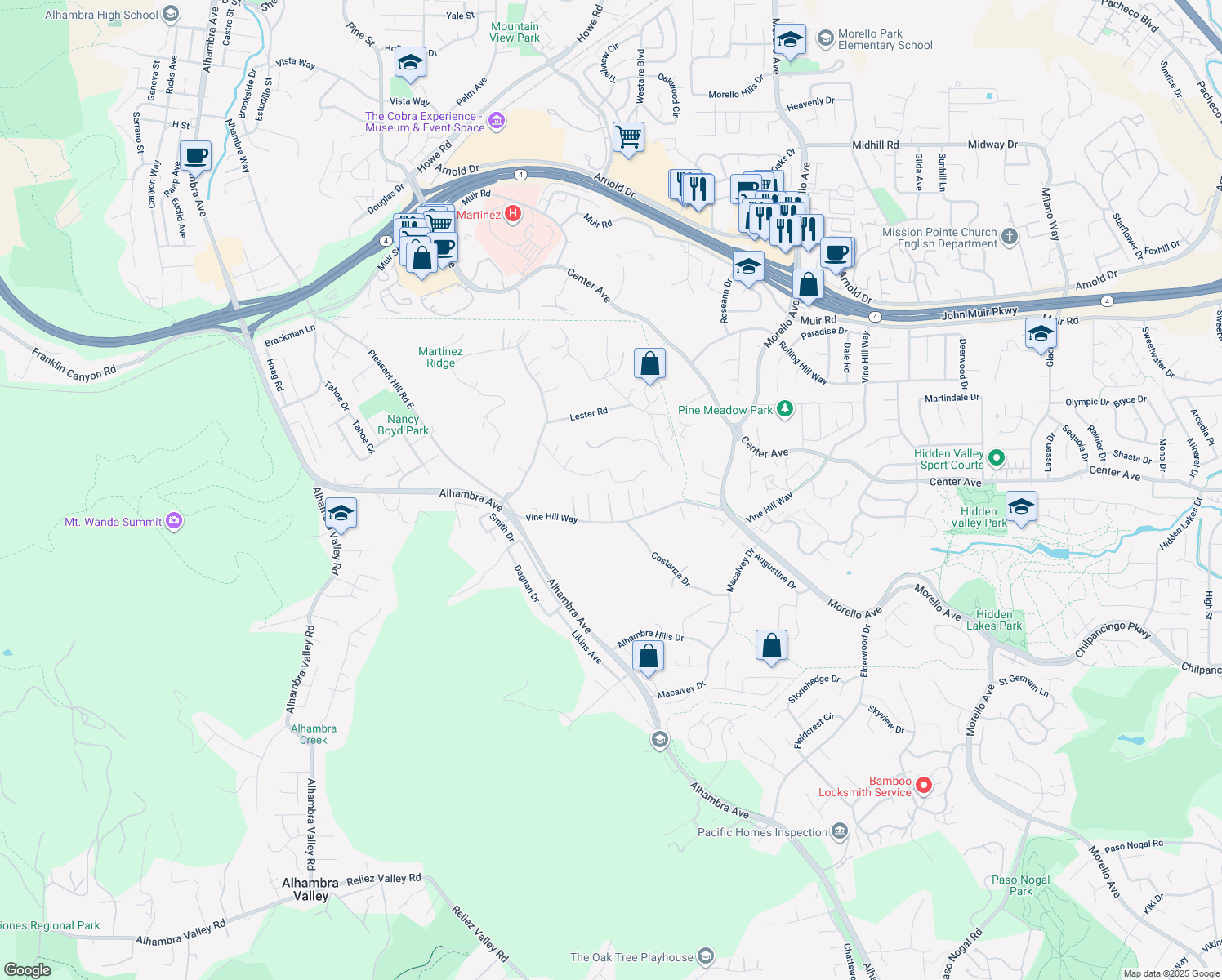 map of restaurants, bars, coffee shops, grocery stores, and more near 808 Roberts Court in Martinez