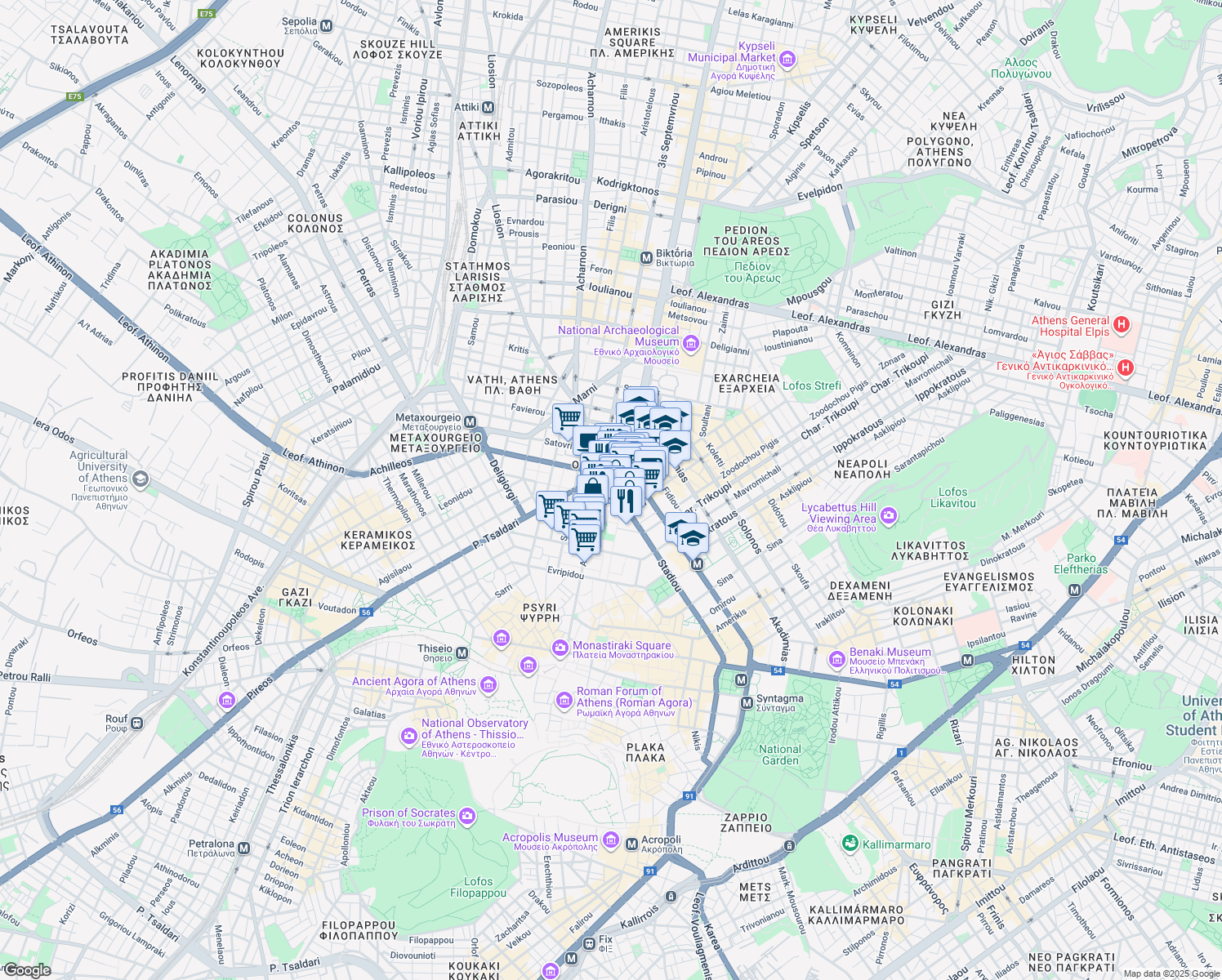 map of restaurants, bars, coffee shops, grocery stores, and more near in Athina