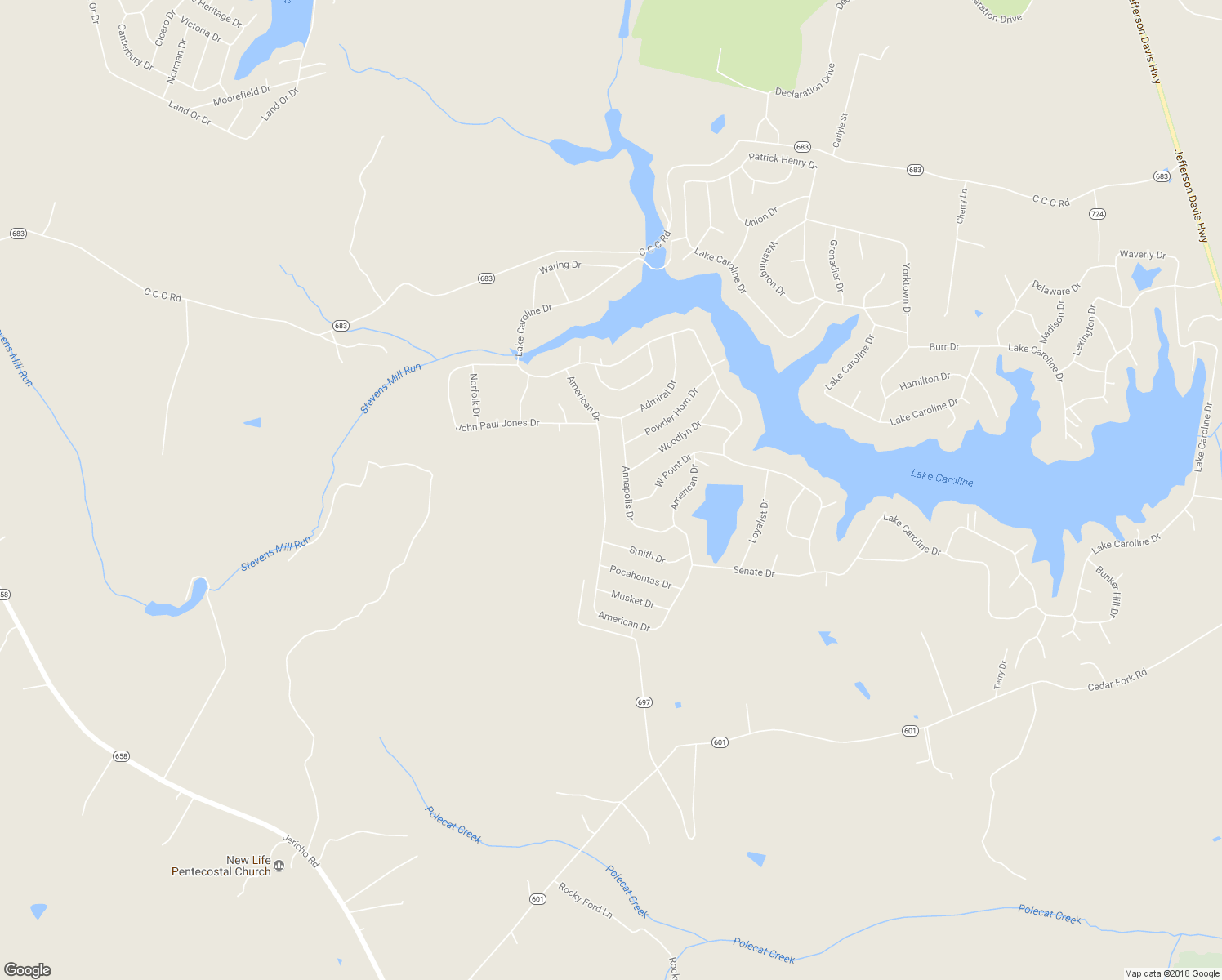 map of restaurants, bars, coffee shops, grocery stores, and more near 244 American Drive in Ruther Glen