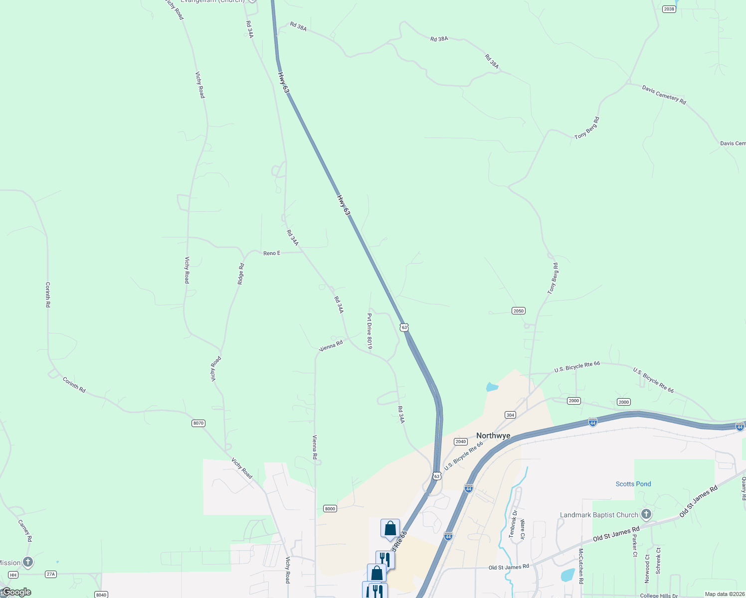 map of restaurants, bars, coffee shops, grocery stores, and more near 12210 Private Drive 8019 in Rolla