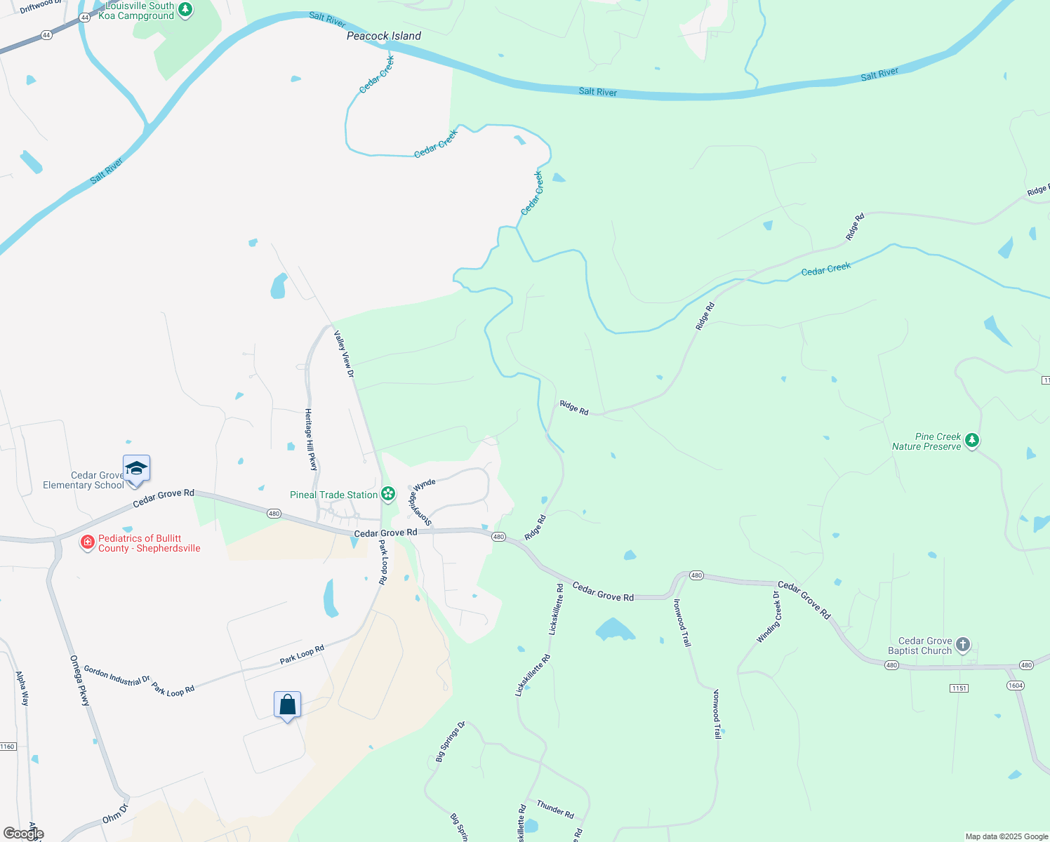 map of restaurants, bars, coffee shops, grocery stores, and more near 515 Valley Lane in Shepherdsville