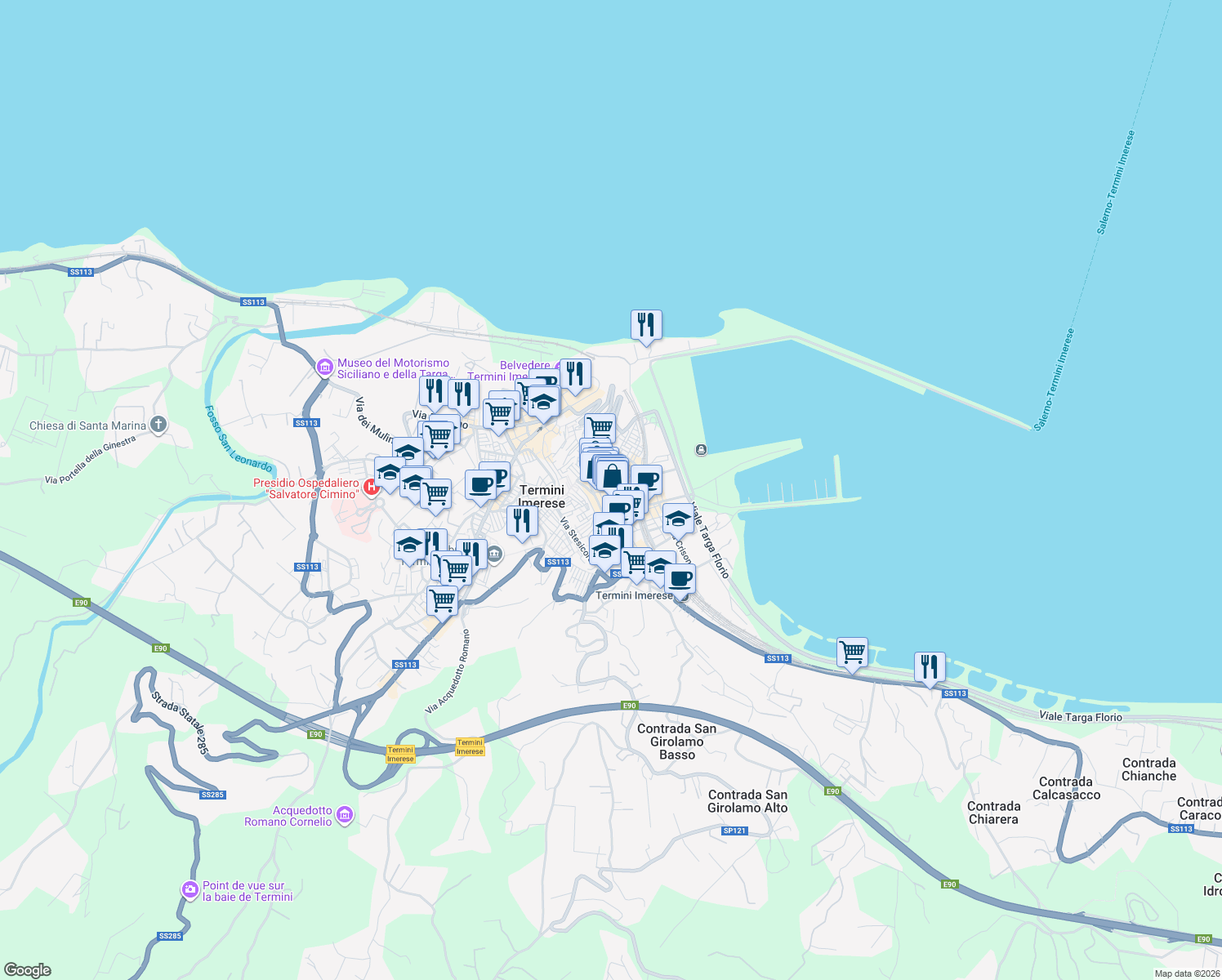 map of restaurants, bars, coffee shops, grocery stores, and more near 47 Via Scopari in Termini Imerese