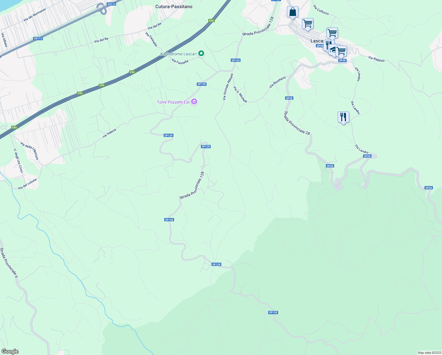 map of restaurants, bars, coffee shops, grocery stores, and more near Strada Provinciale 128 in Provincia di Palermo