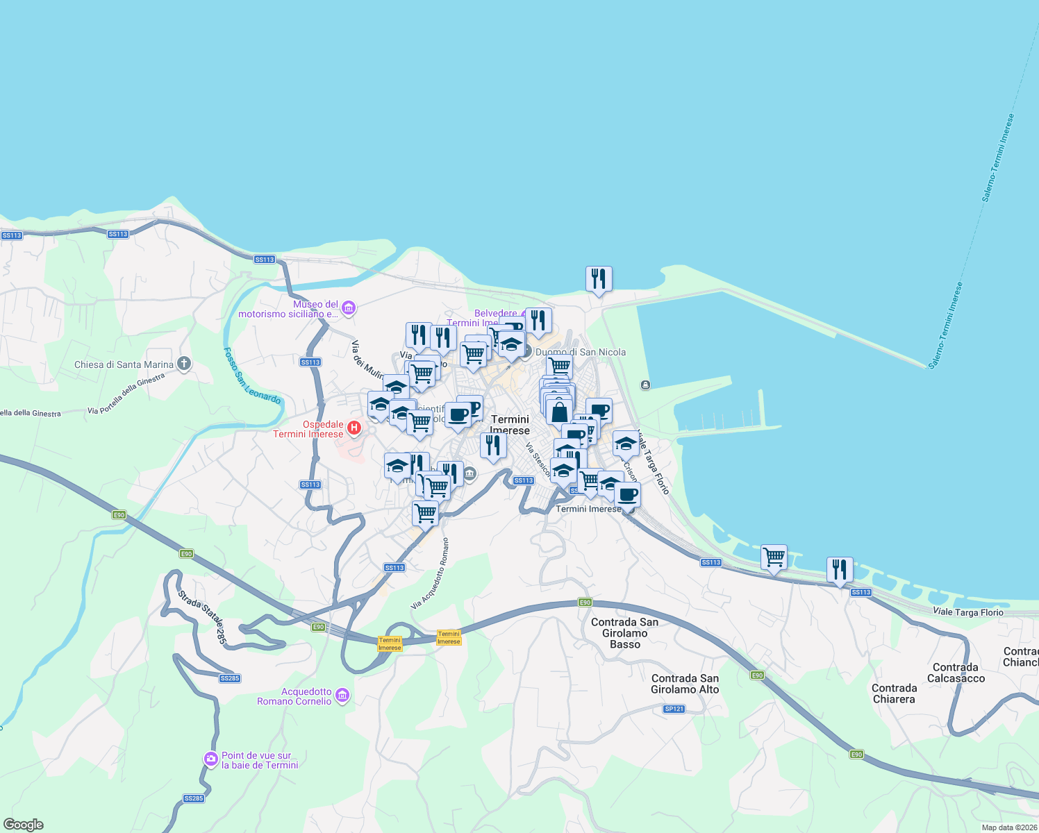 map of restaurants, bars, coffee shops, grocery stores, and more near 157 Via Capuanelli in Termini Imerese