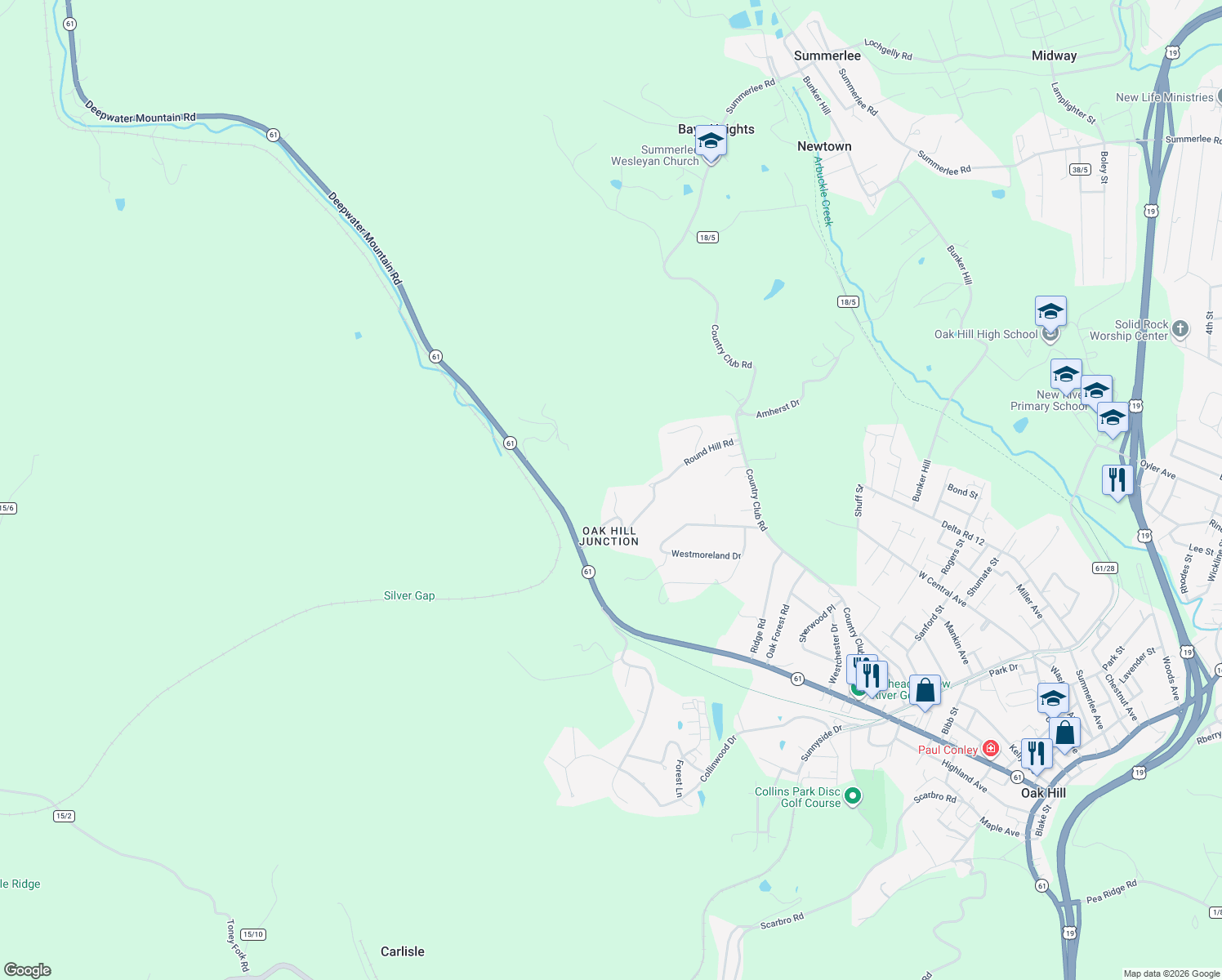 map of restaurants, bars, coffee shops, grocery stores, and more near 508 Round Hill Rd in Oak Hill