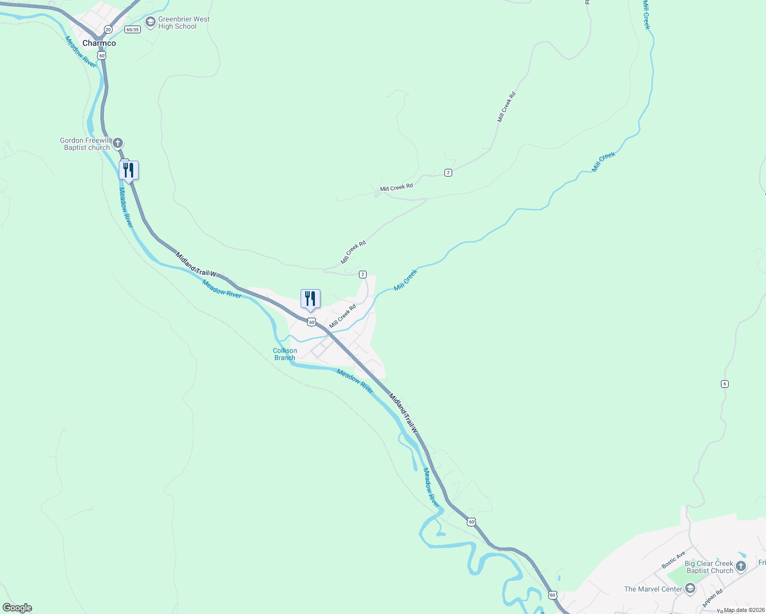 map of restaurants, bars, coffee shops, grocery stores, and more near 371 CCC Road in Charmco