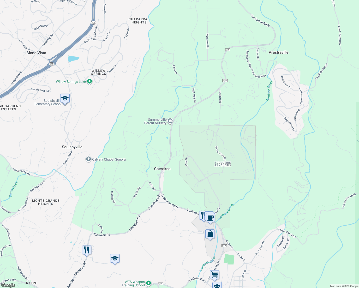 map of restaurants, bars, coffee shops, grocery stores, and more near 18085 Egger Way in Tuolumne