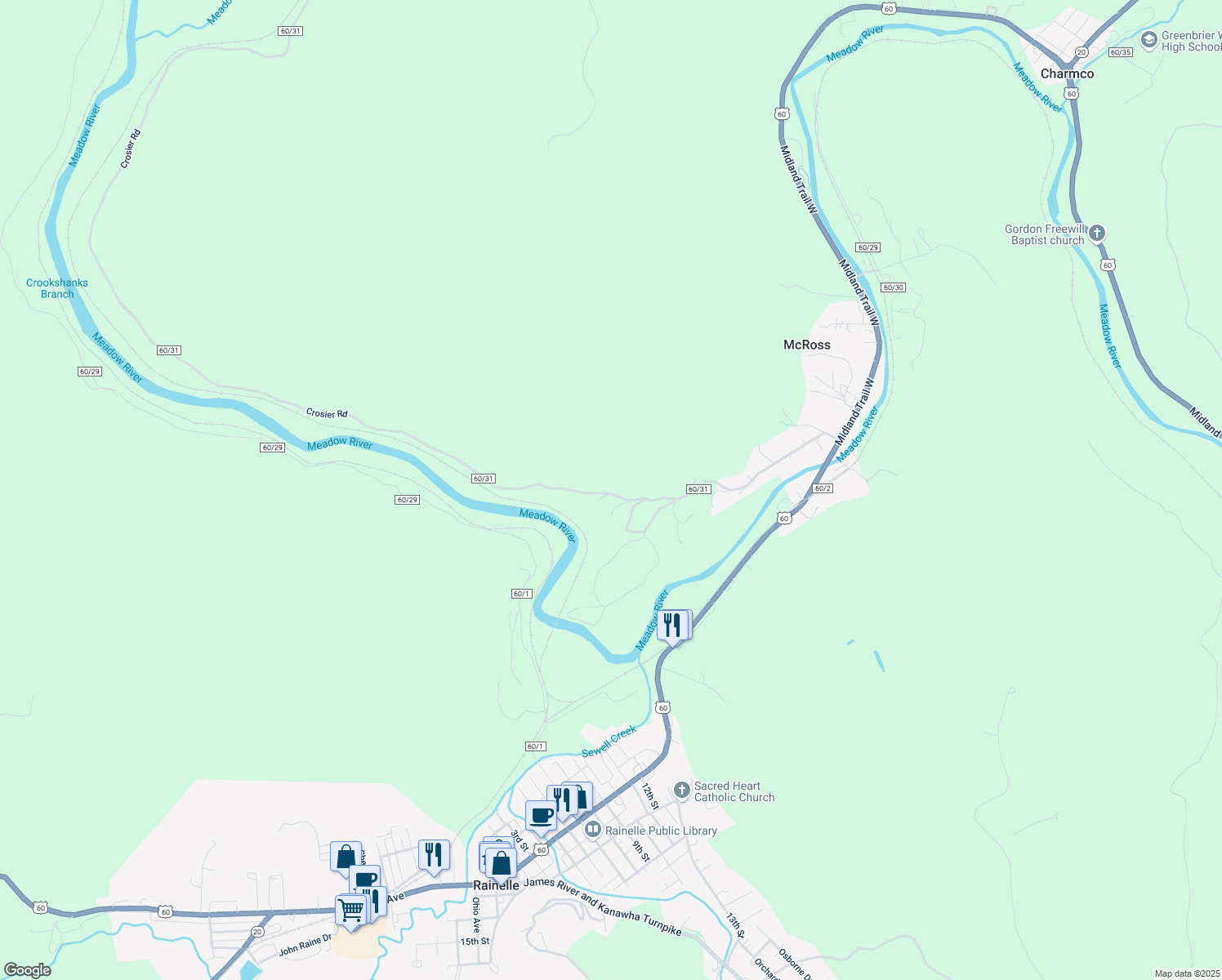 map of restaurants, bars, coffee shops, grocery stores, and more near 337 Crozier Road in Rainelle