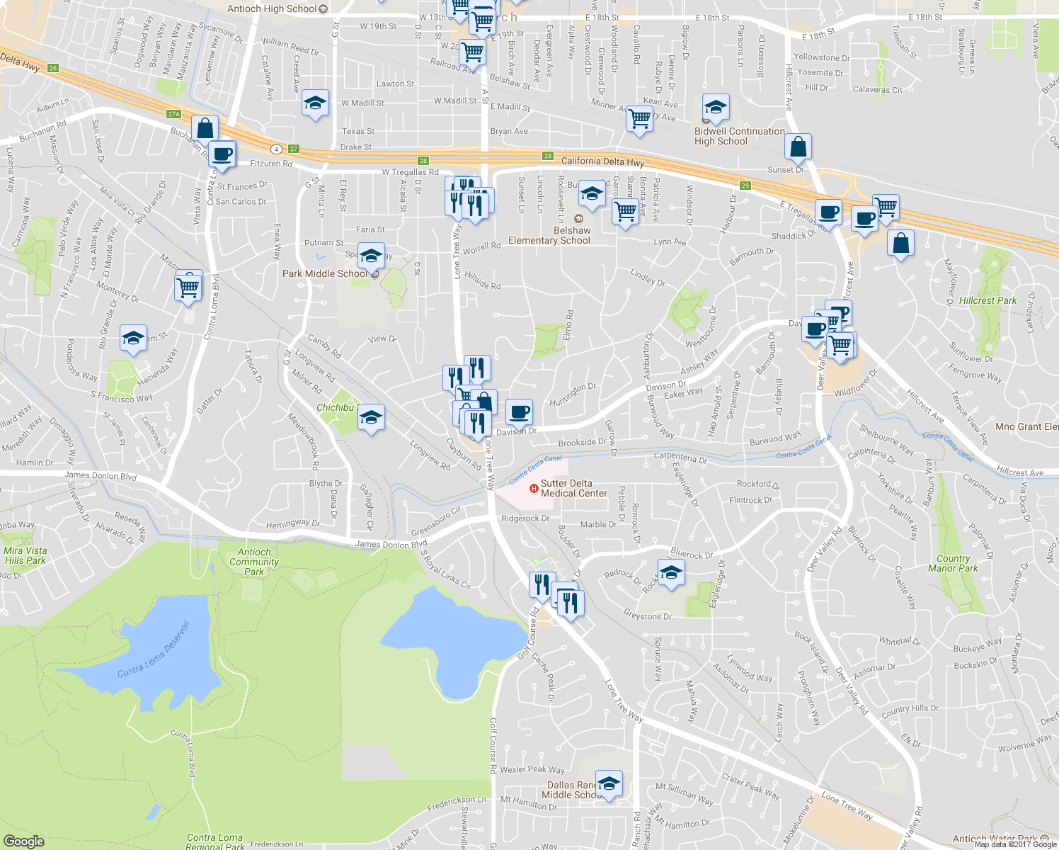 map of restaurants, bars, coffee shops, grocery stores, and more near 136 Rainier Lane in Antioch