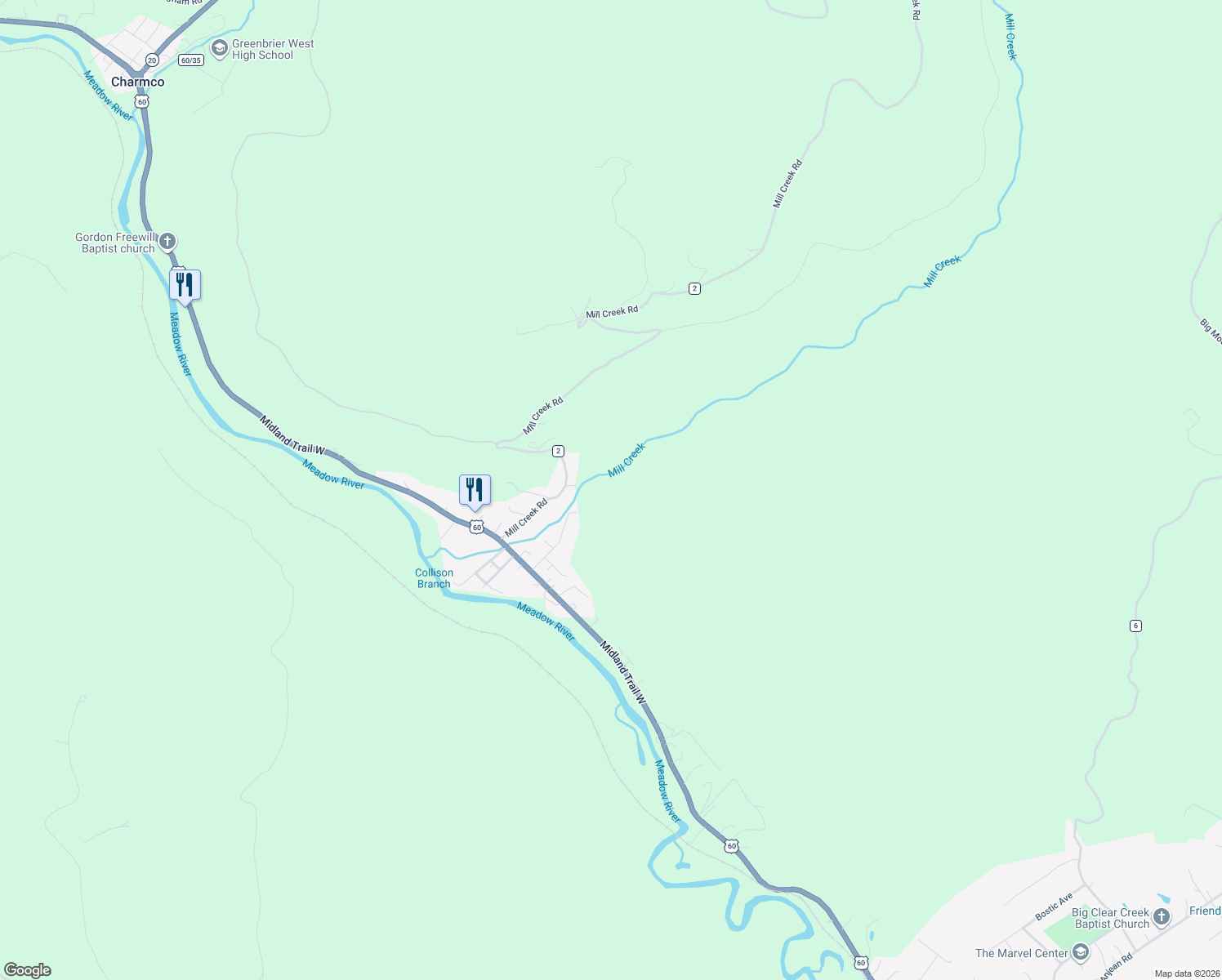 map of restaurants, bars, coffee shops, grocery stores, and more near 371 CCC Road in Charmco