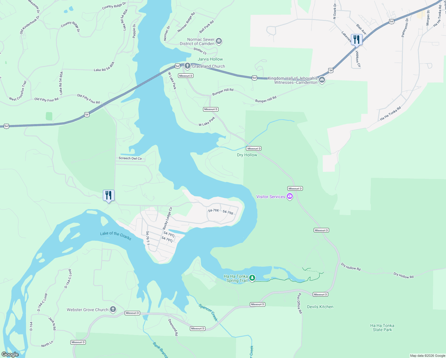 map of restaurants, bars, coffee shops, grocery stores, and more near 55-61 Arrowhead Dr in Camdenton