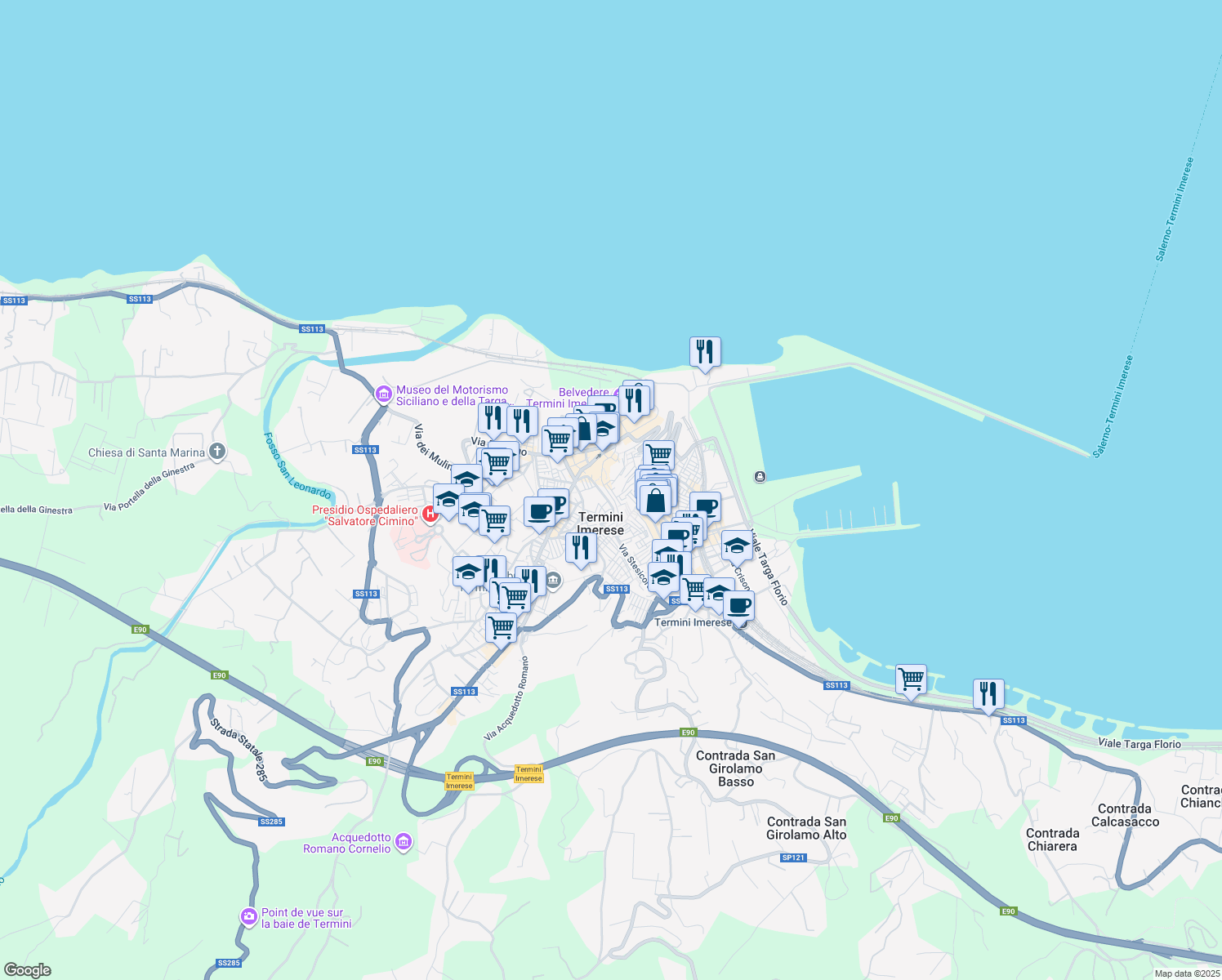 map of restaurants, bars, coffee shops, grocery stores, and more near Via Giovanni Castro in Termini Imerese