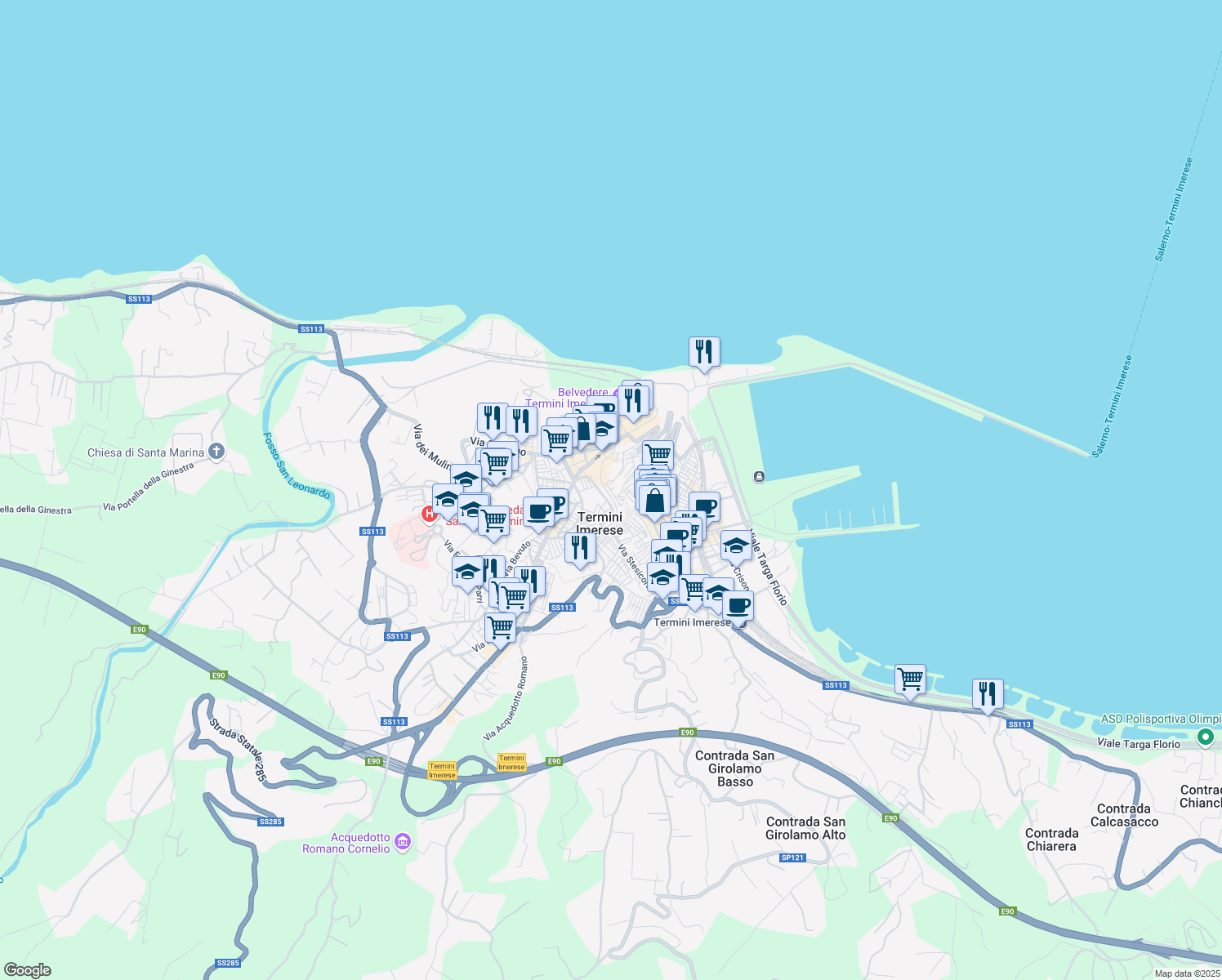 map of restaurants, bars, coffee shops, grocery stores, and more near Via Giovanni Castro in Termini Imerese