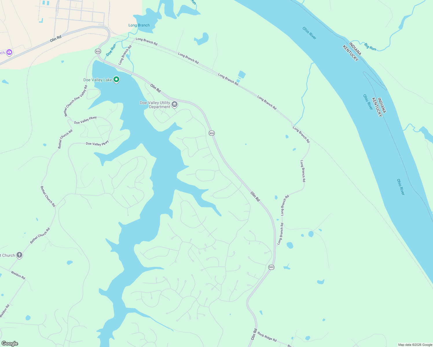 map of restaurants, bars, coffee shops, grocery stores, and more near Doe Valley Pkwy E in Brandenburg