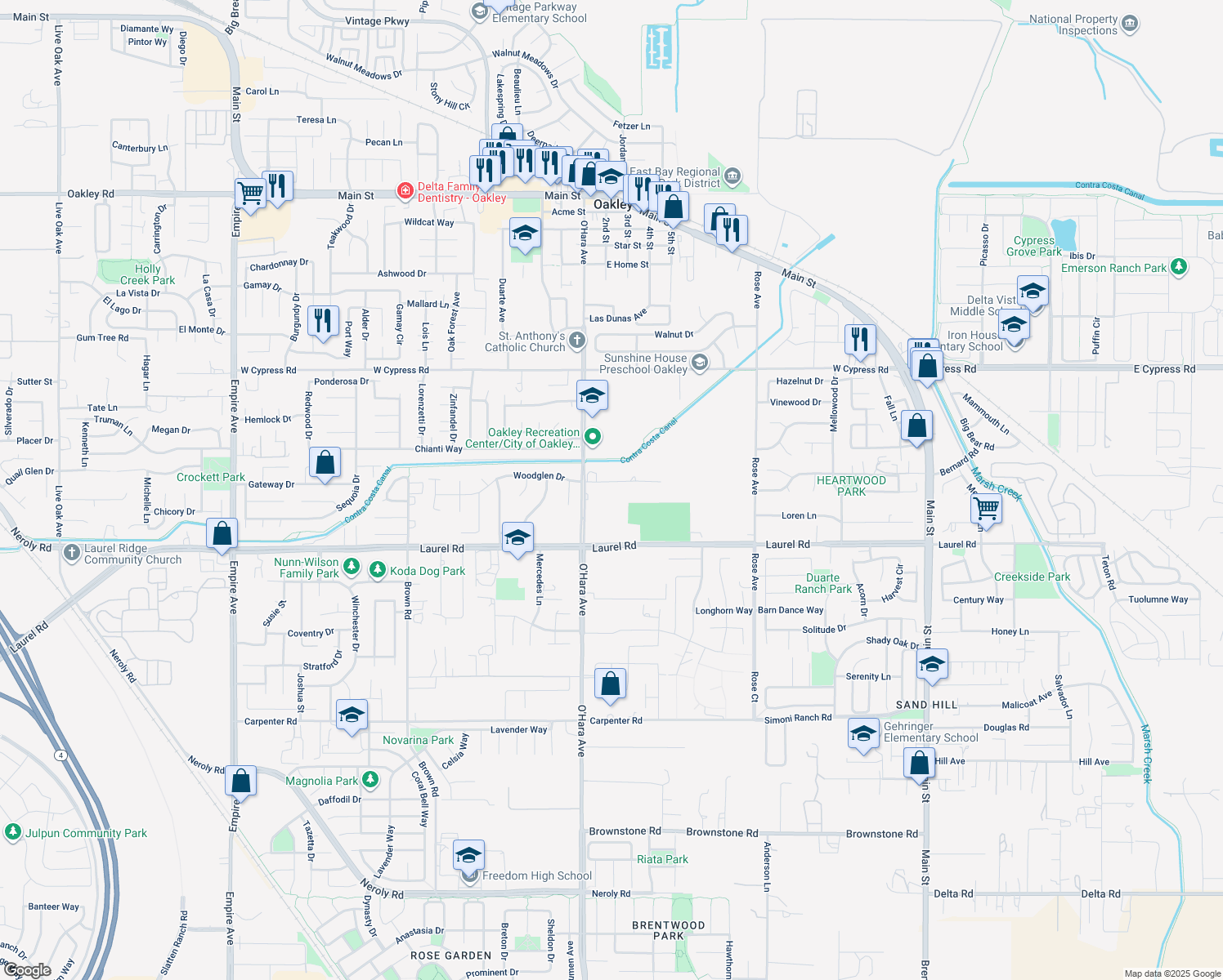 map of restaurants, bars, coffee shops, grocery stores, and more near 951 O'Hara Court in Oakley