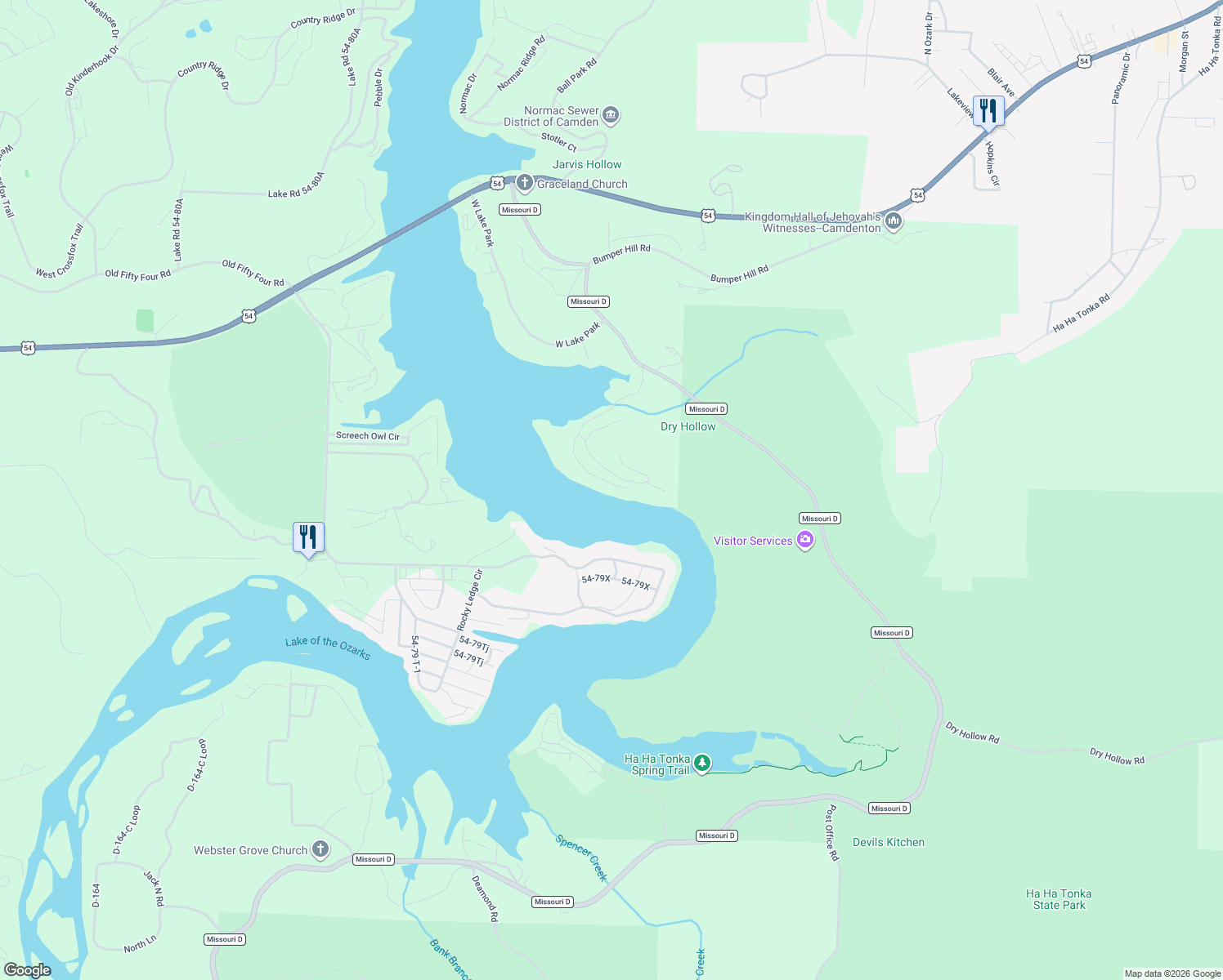 map of restaurants, bars, coffee shops, grocery stores, and more near 424 Minnowbrook Road in Camdenton