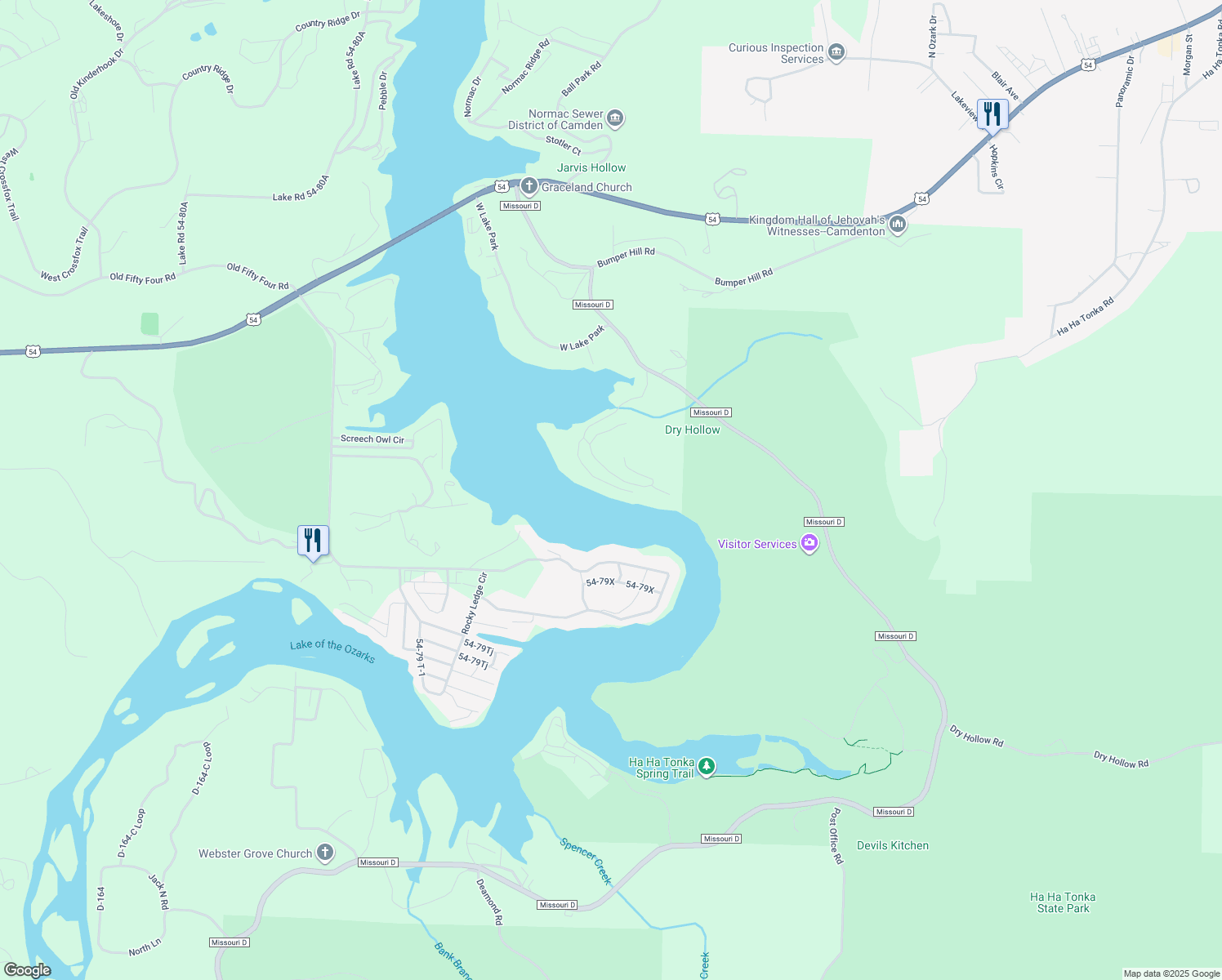 map of restaurants, bars, coffee shops, grocery stores, and more near 487 Minnowbrook Road in Camdenton